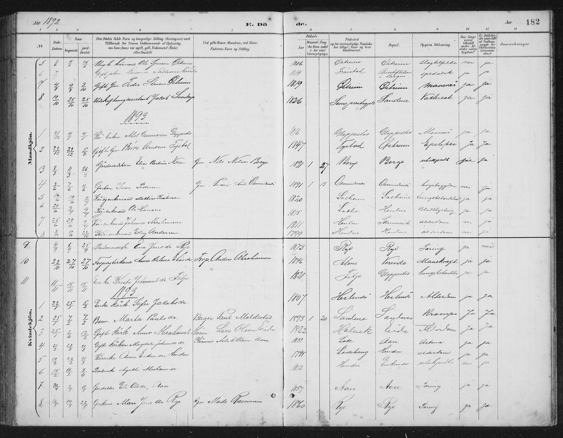 Gloppen sokneprestembete, AV/SAB-A-80101/H/Hab/Habb/L0002: Klokkerbok nr. B 2, 1889-1909, s. 182