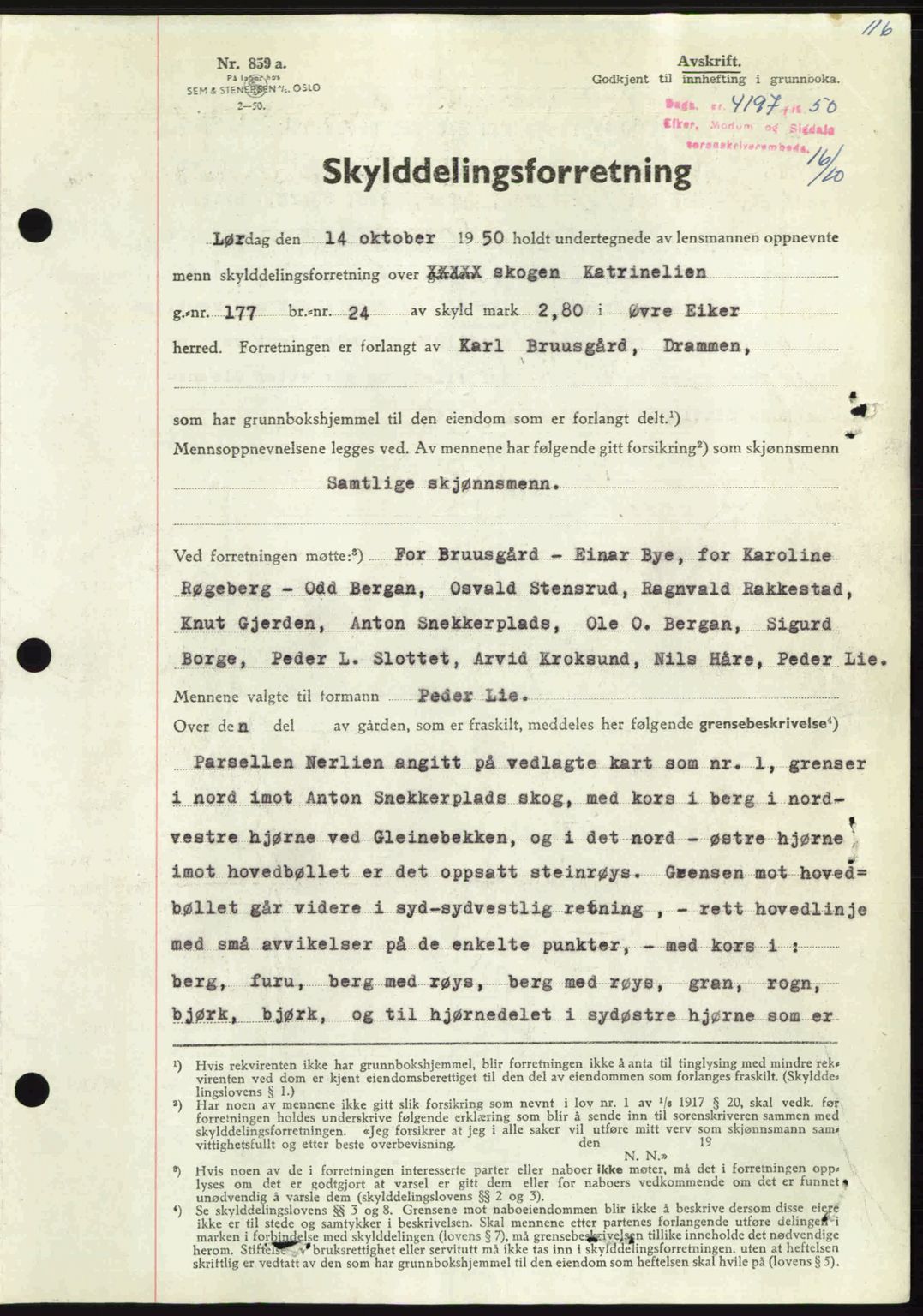 Eiker, Modum og Sigdal sorenskriveri, SAKO/A-123/G/Ga/Gab/L0069: Pantebok nr. A39/14, 1950-1950, Dagboknr: 4197/1950