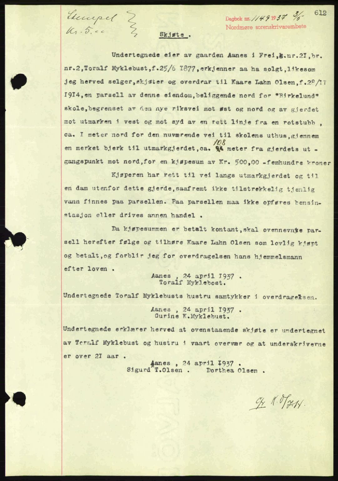 Nordmøre sorenskriveri, SAT/A-4132/1/2/2Ca: Pantebok nr. A81, 1937-1937, Dagboknr: 1149/1937