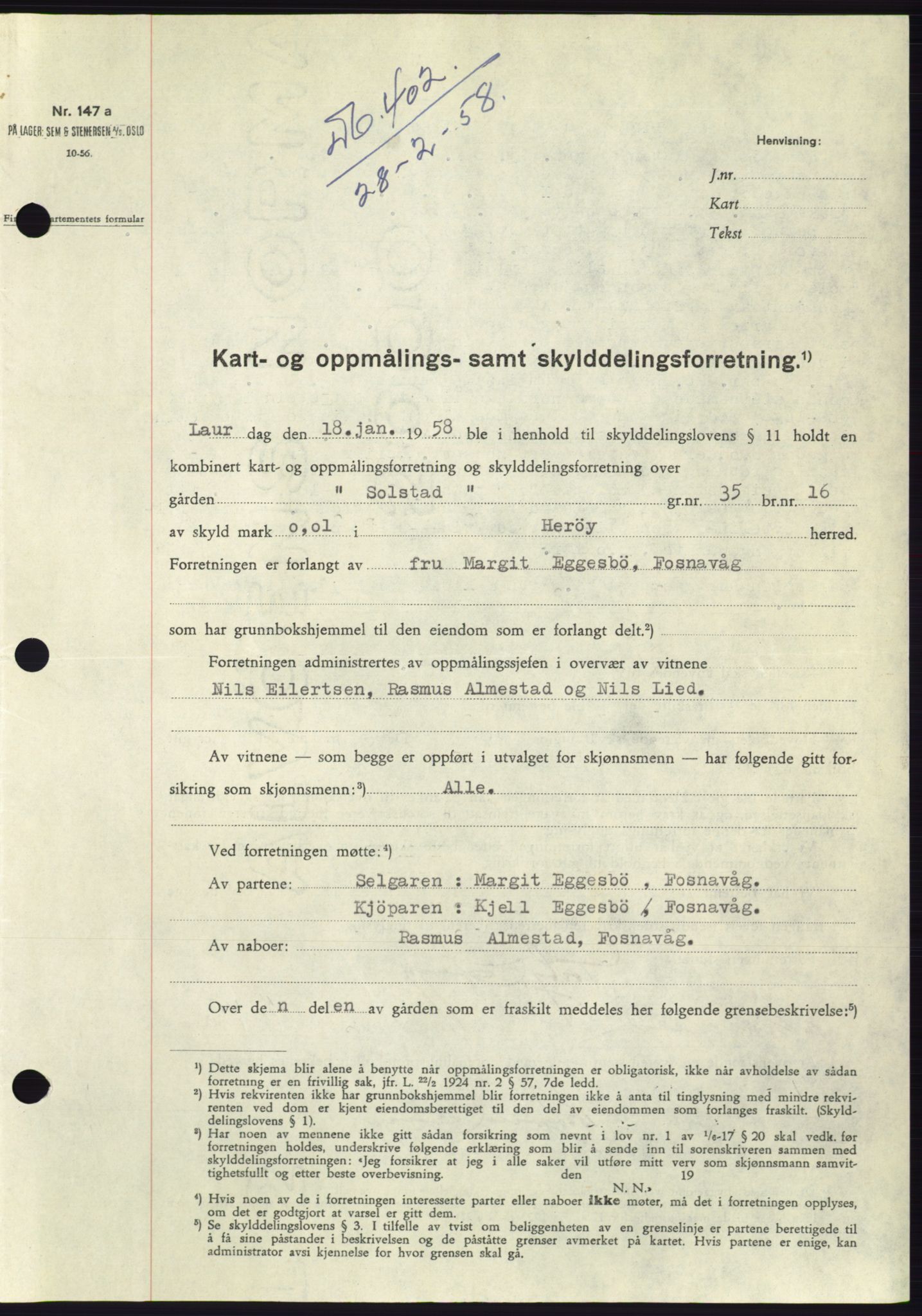 Søre Sunnmøre sorenskriveri, SAT/A-4122/1/2/2C/L0109: Pantebok nr. 35A, 1958-1958, Dagboknr: 402/1958