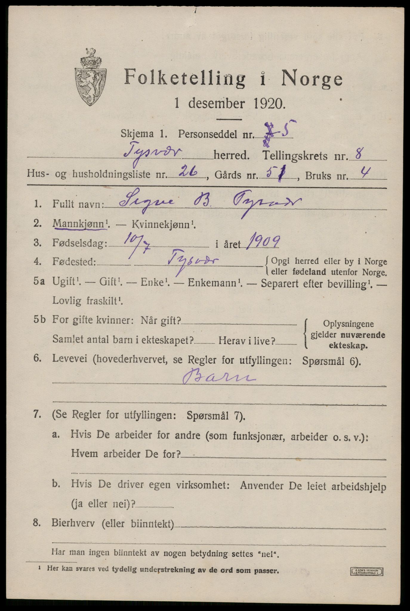 SAST, Folketelling 1920 for 1146 Tysvær herred, 1920, s. 3366