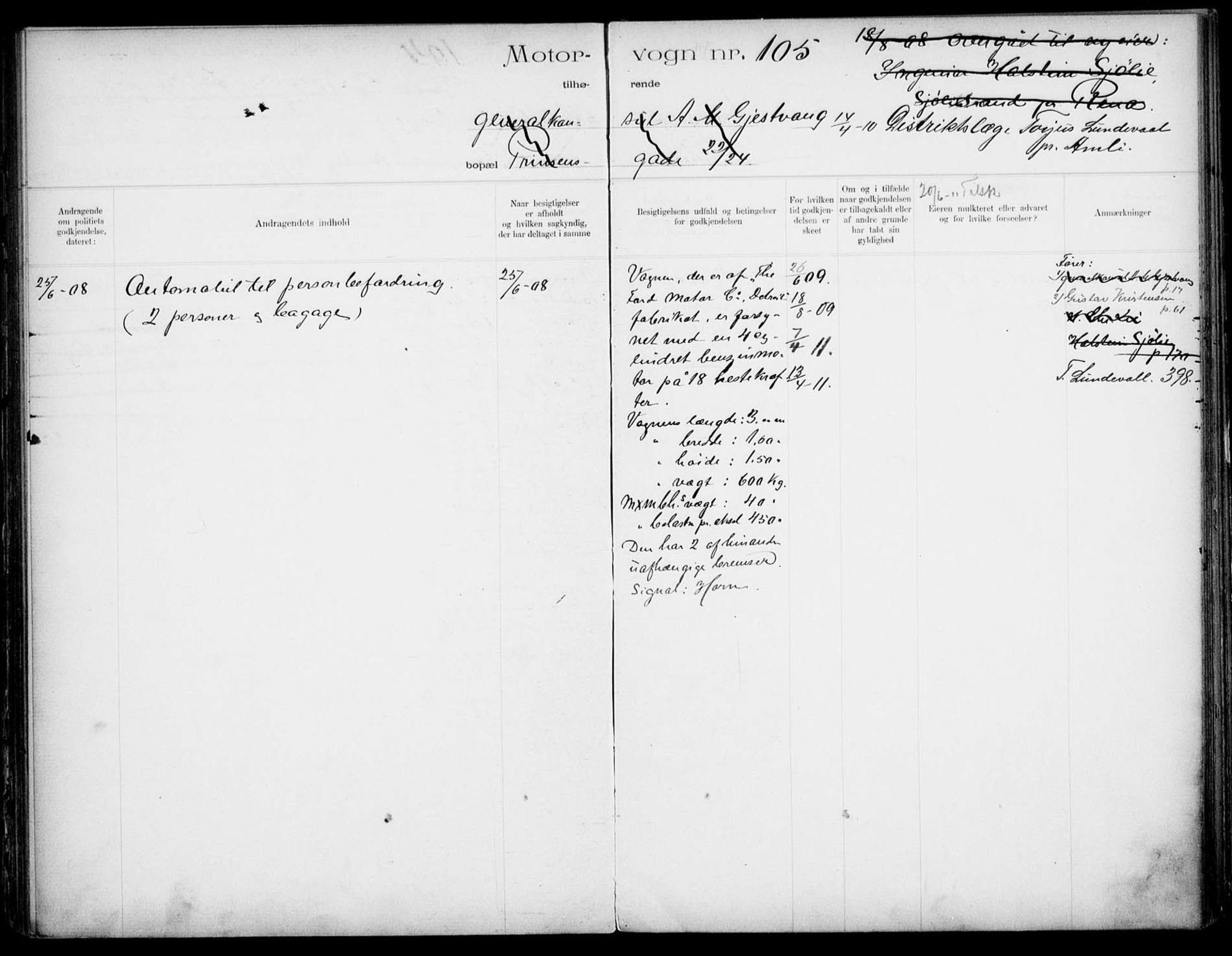 Vegdirektoratet, Bilavdelingen M, AV/RA-S-1663/F/Fa/L0001: Bilregisterprotokoll. Reg.nr. 1-199 og 300-310, 1899-1914