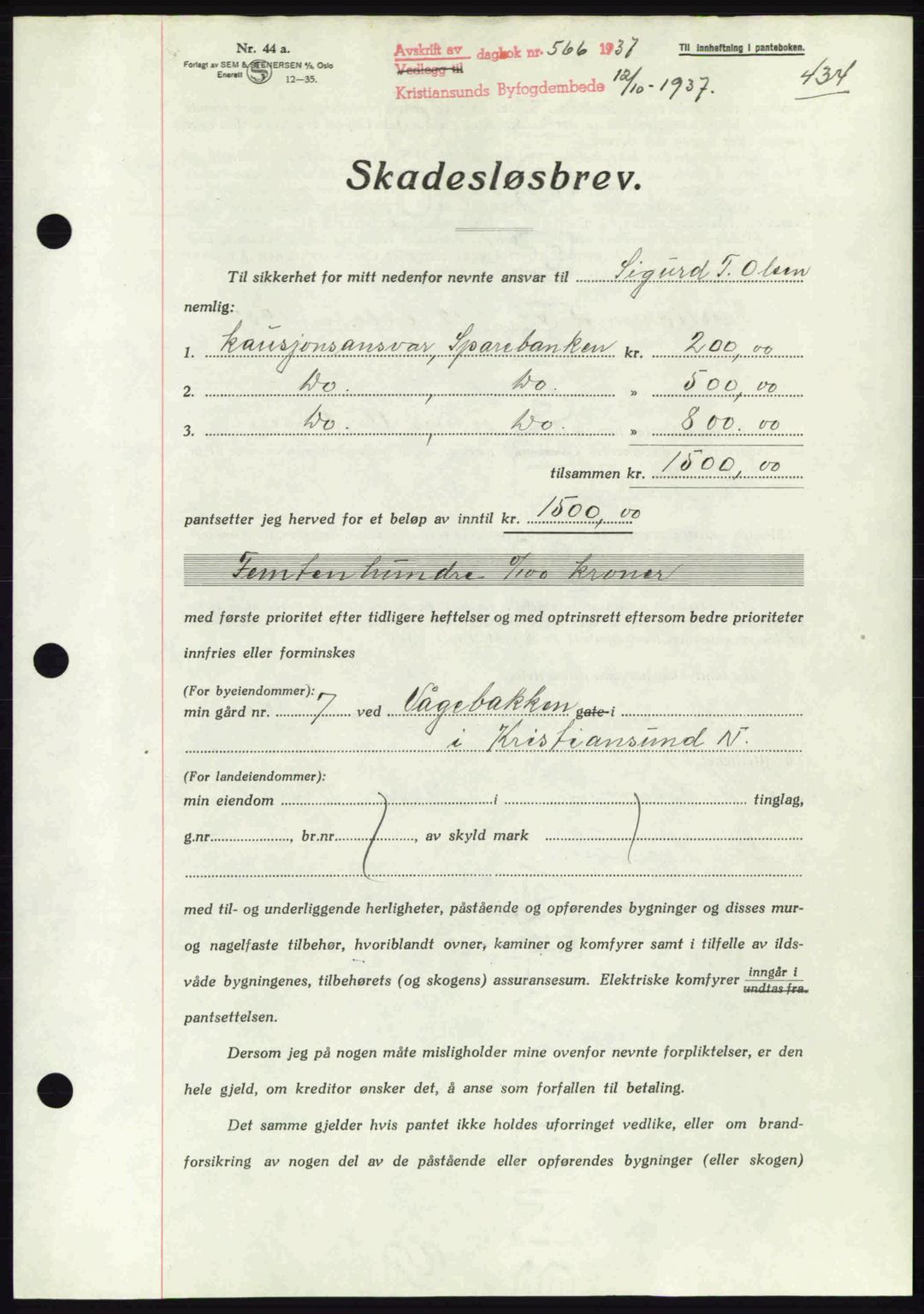 Kristiansund byfogd, AV/SAT-A-4587/A/27: Pantebok nr. 29, 1936-1937, Dagboknr: 566/1937