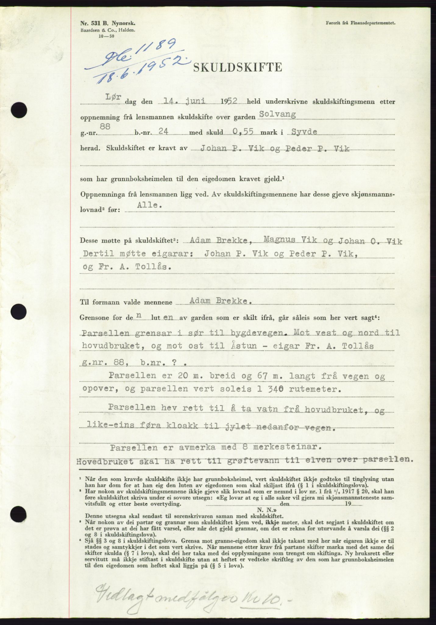 Søre Sunnmøre sorenskriveri, AV/SAT-A-4122/1/2/2C/L0092: Pantebok nr. 18A, 1952-1952, Dagboknr: 1189/1952