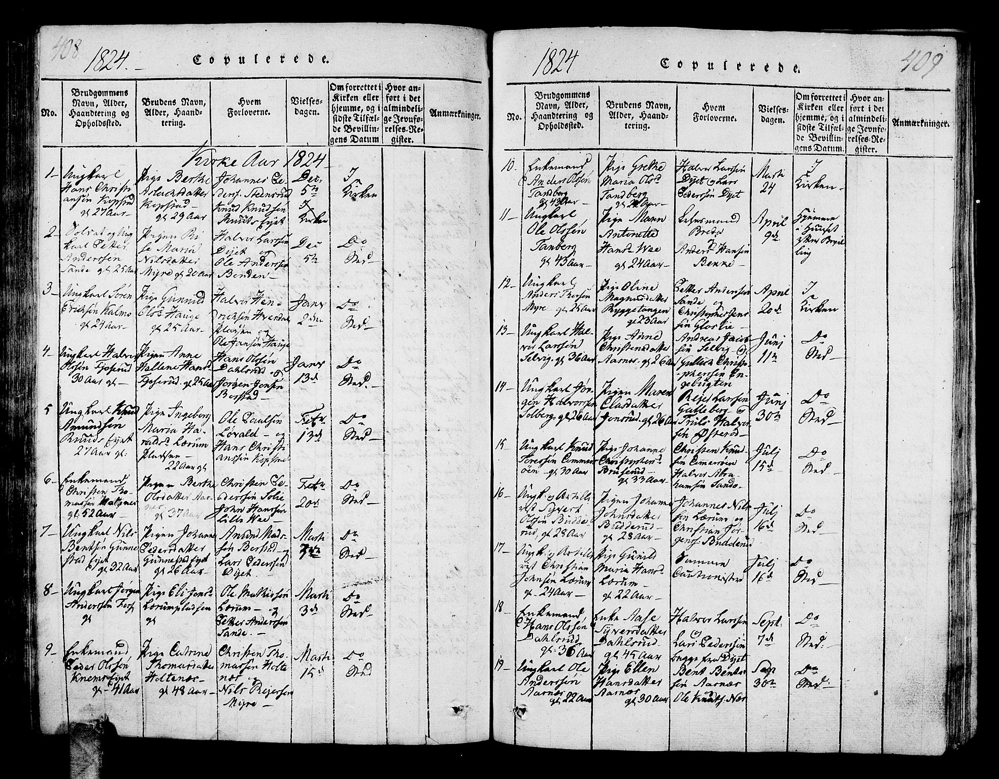 Sande Kirkebøker, AV/SAKO-A-53/G/Ga/L0001: Klokkerbok nr. 1, 1814-1847, s. 408-409
