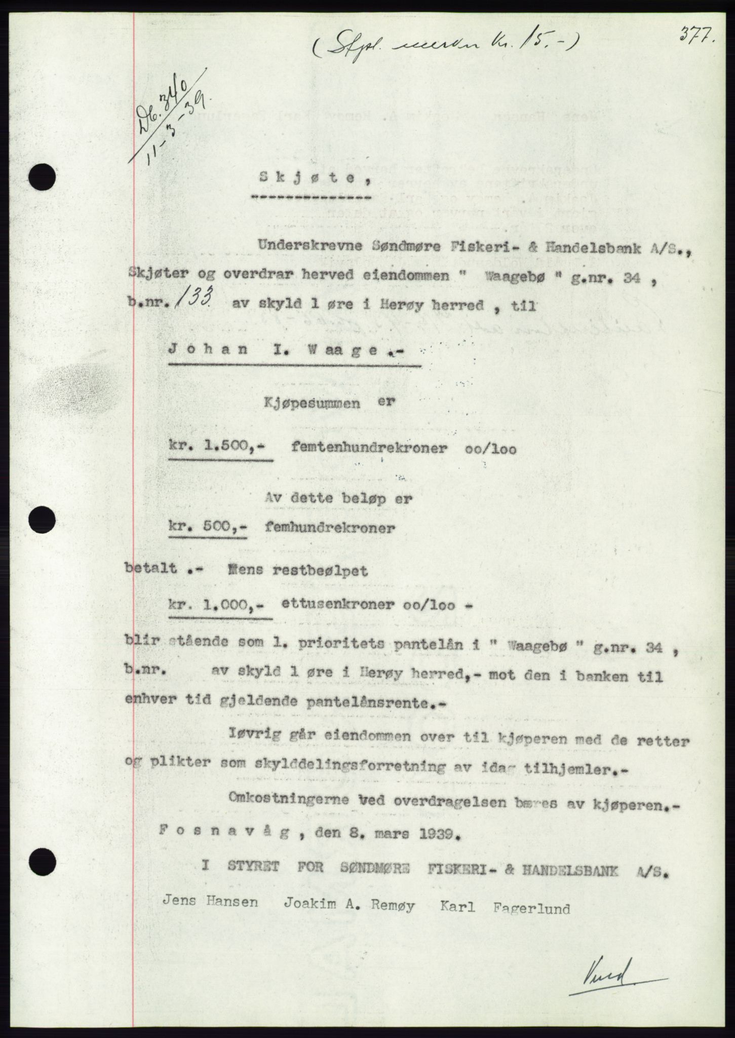 Søre Sunnmøre sorenskriveri, AV/SAT-A-4122/1/2/2C/L0067: Pantebok nr. 61, 1938-1939, Dagboknr: 340/1939