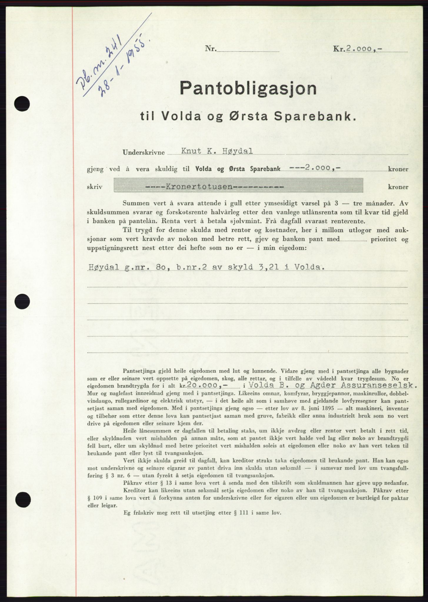 Søre Sunnmøre sorenskriveri, AV/SAT-A-4122/1/2/2C/L0126: Pantebok nr. 14B, 1954-1955, Dagboknr: 241/1955