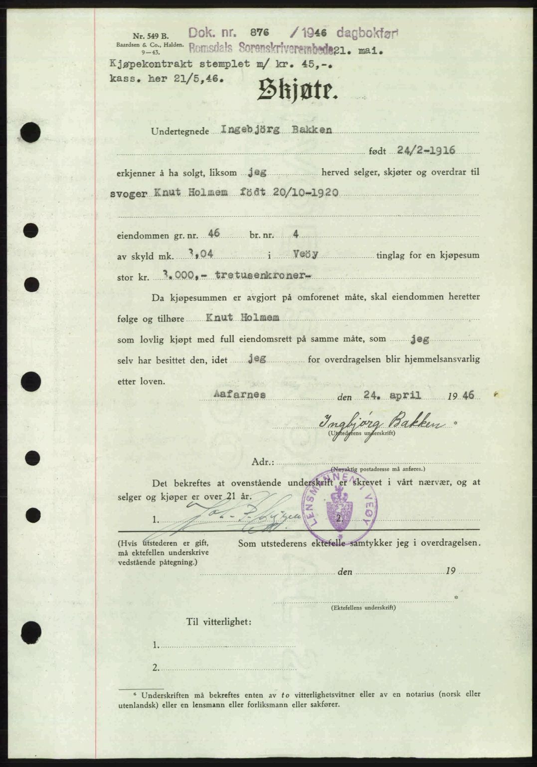 Romsdal sorenskriveri, SAT/A-4149/1/2/2C: Pantebok nr. A19, 1946-1946, Dagboknr: 876/1946