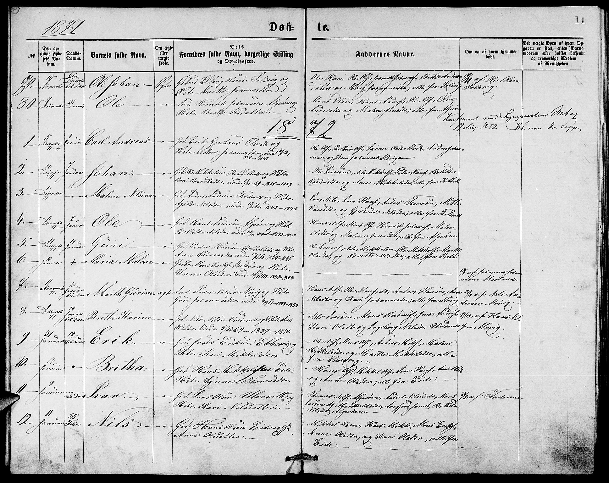Fjell sokneprestembete, AV/SAB-A-75301/H/Hab: Klokkerbok nr. A 2, 1871-1879, s. 11