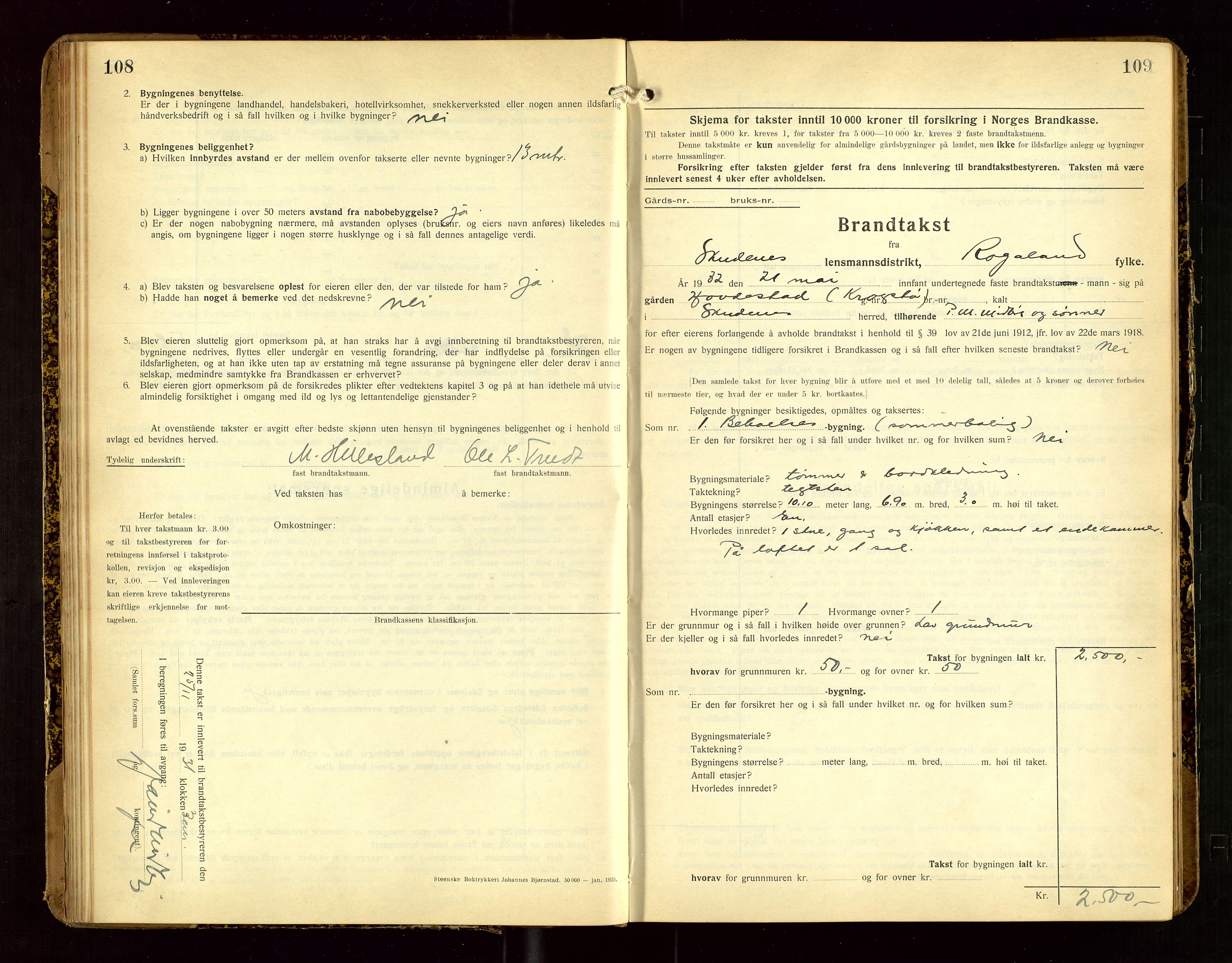 Skudenes lensmannskontor, SAST/A-100444/Gob/L0002: "Brandtakstprotokoll", 1925-1952, s. 108-109