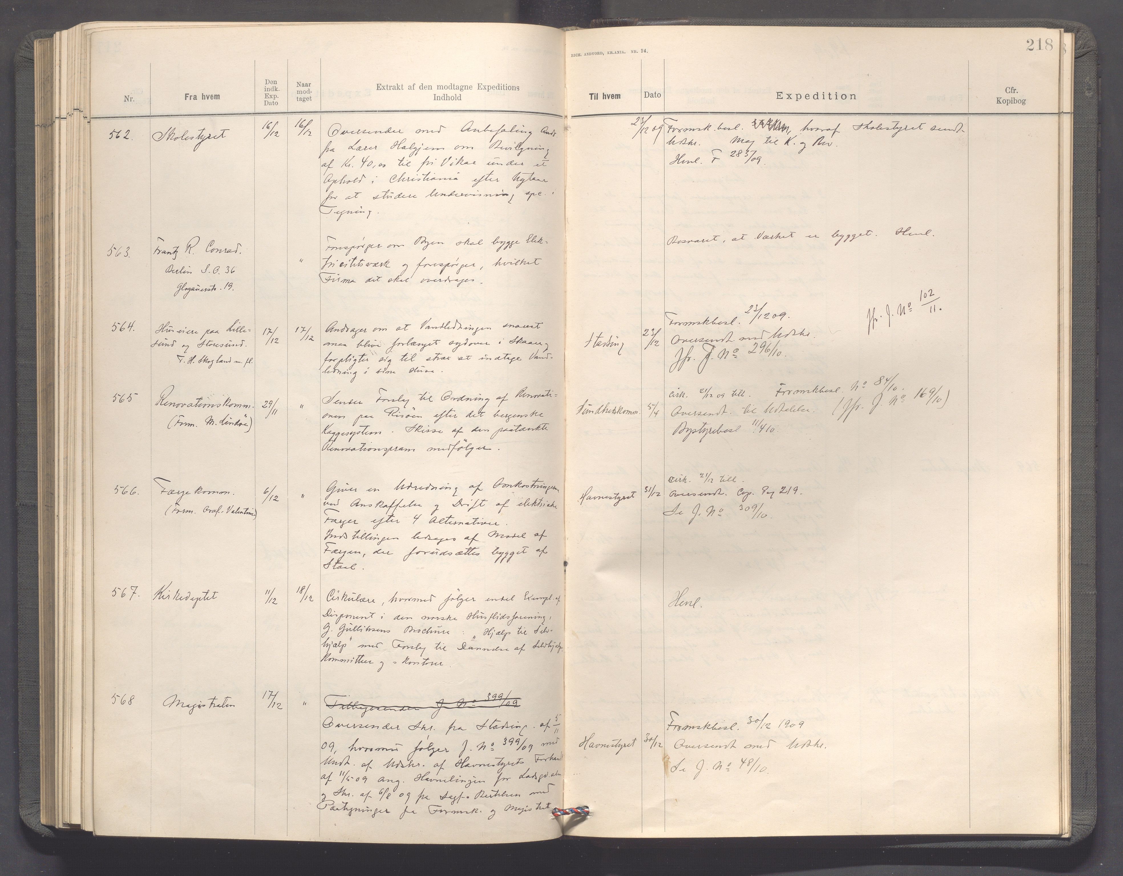 Haugesund kommune - Formannskapet, IKAR/X-0001/C/L0003: Journal, 1907-1910, s. 218