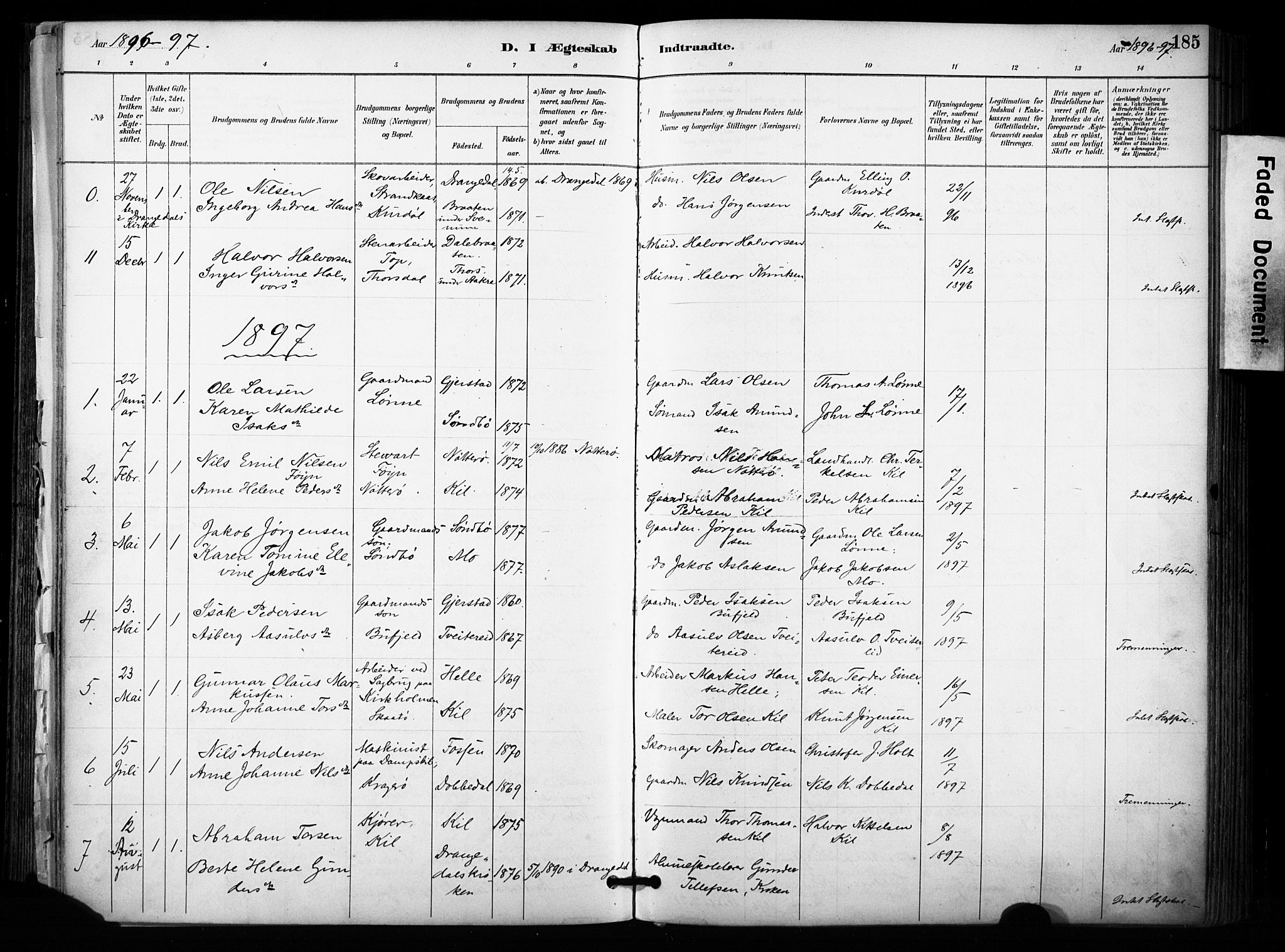 Sannidal kirkebøker, AV/SAKO-A-296/F/Fa/L0015: Ministerialbok nr. 15, 1884-1899, s. 185