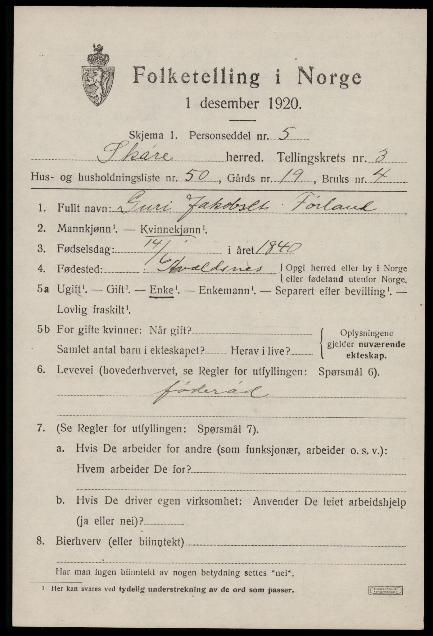 SAST, Folketelling 1920 for 1153 Skåre herred, 1920, s. 2080