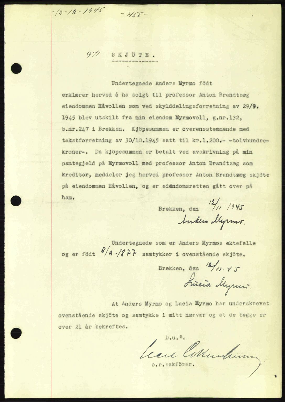 Gauldal sorenskriveri, SAT/A-0014/1/2/2C: Pantebok nr. A1a, 1945-1945, Dagboknr: 971/1945