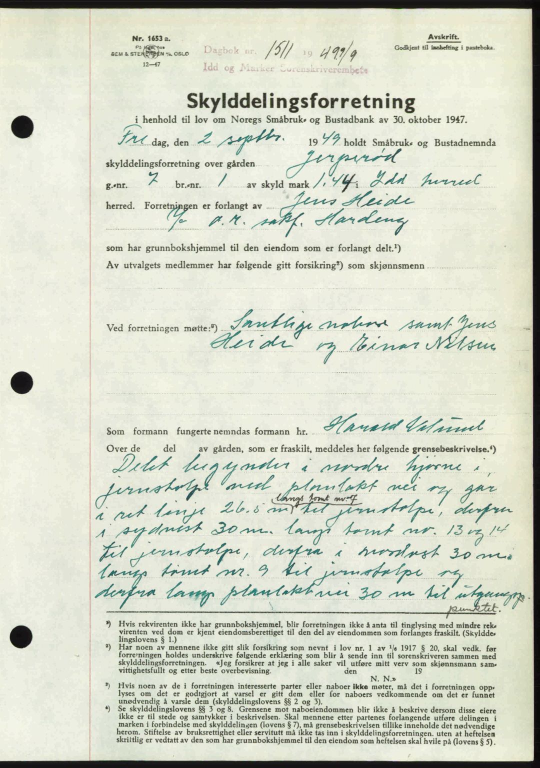 Idd og Marker sorenskriveri, AV/SAO-A-10283/G/Gb/Gbb/L0012: Pantebok nr. A12, 1949-1949, Dagboknr: 1511/1949