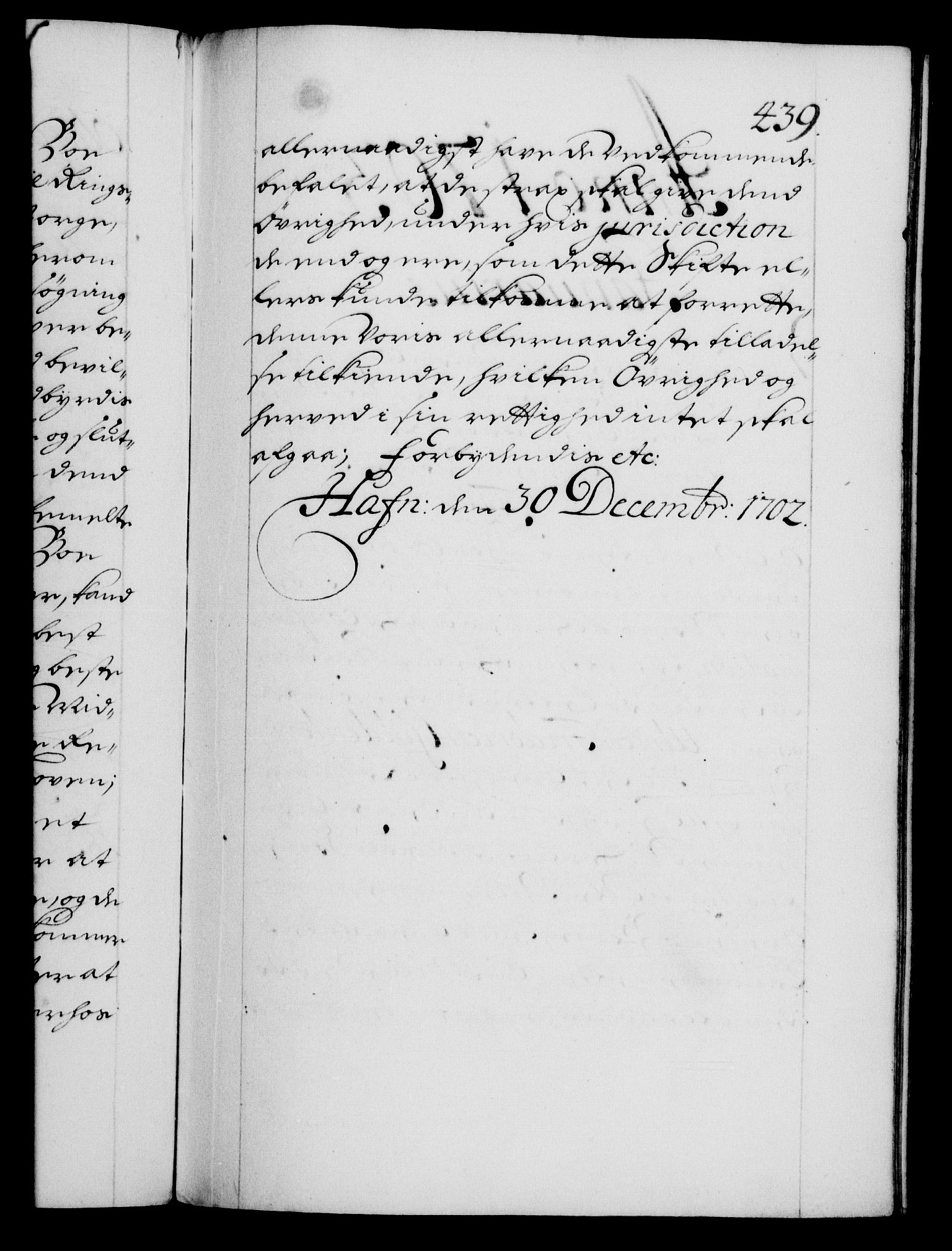 Danske Kanselli 1572-1799, AV/RA-EA-3023/F/Fc/Fca/Fcaa/L0018: Norske registre, 1699-1703, s. 439a