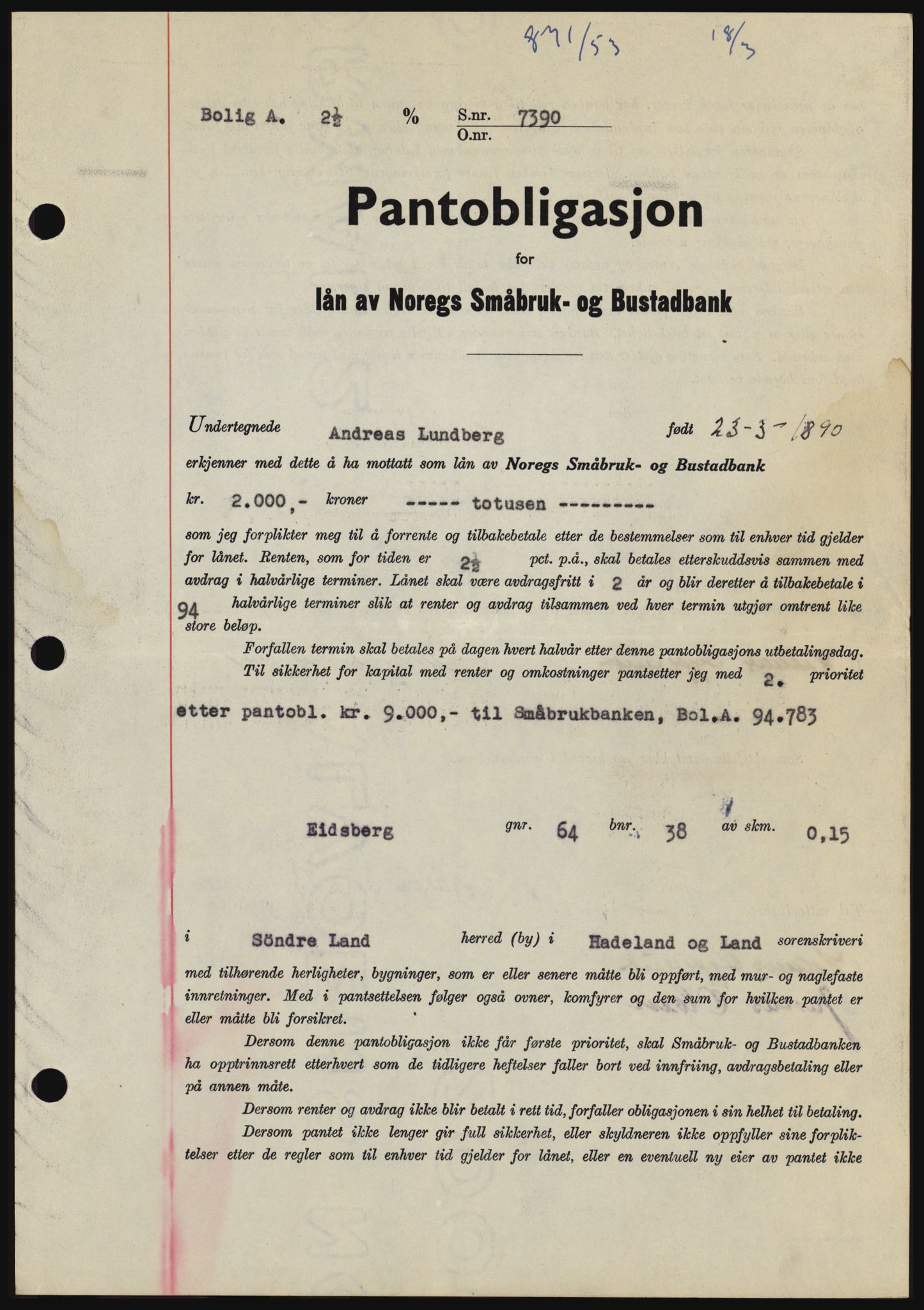 Hadeland og Land tingrett, SAH/TING-010/H/Hb/Hbc/L0026: Pantebok nr. B26, 1953-1953, Dagboknr: 871/1953