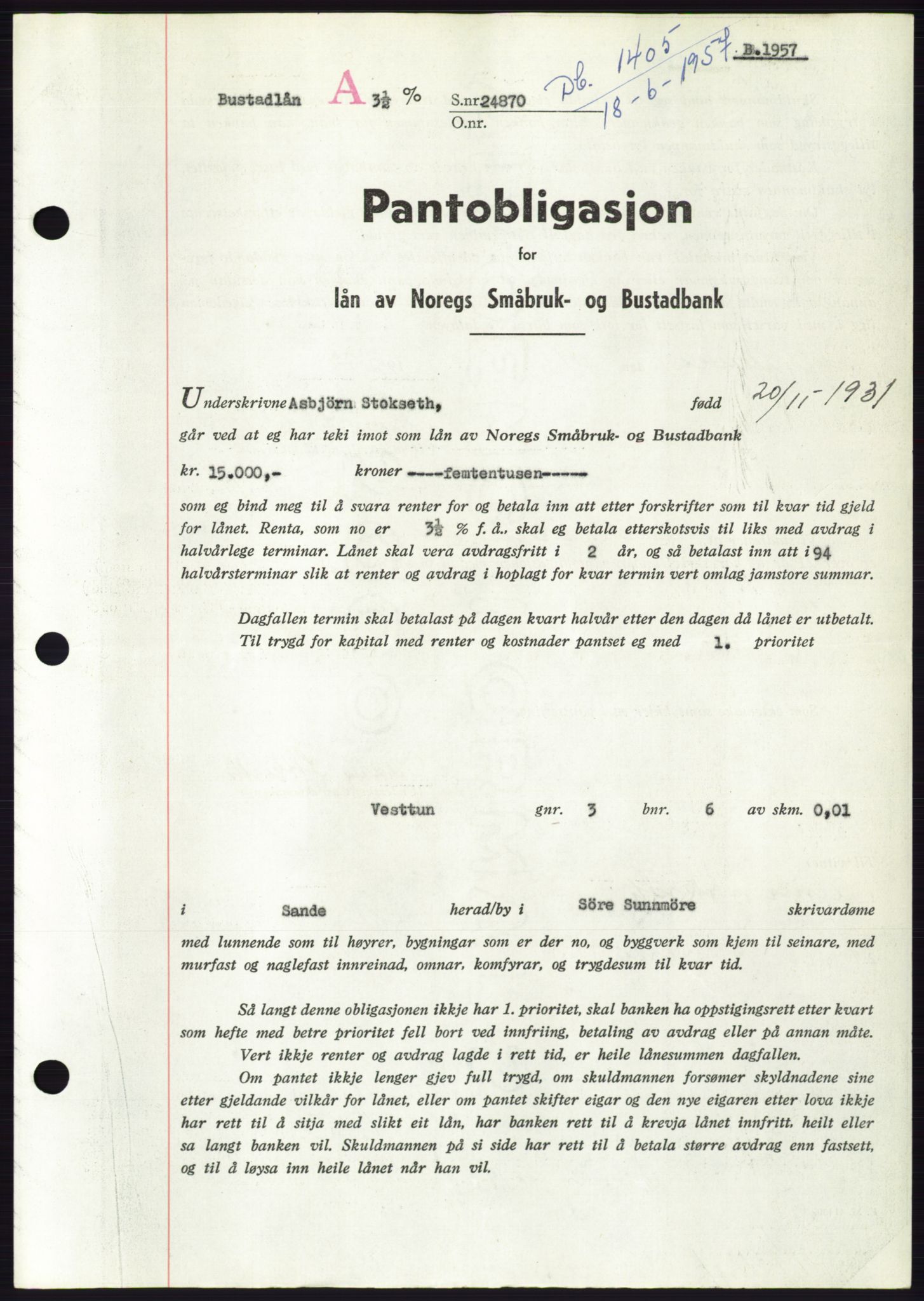 Søre Sunnmøre sorenskriveri, AV/SAT-A-4122/1/2/2C/L0130: Pantebok nr. 18B, 1957-1958, Dagboknr: 1404/1957