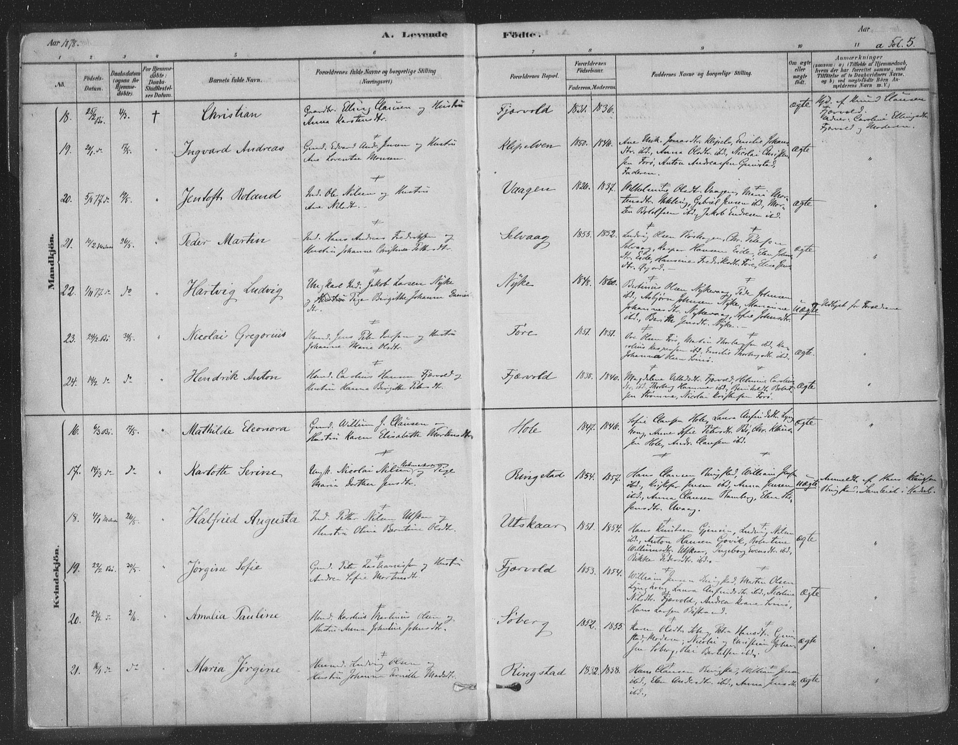 Ministerialprotokoller, klokkerbøker og fødselsregistre - Nordland, AV/SAT-A-1459/891/L1302: Ministerialbok nr. 891A07, 1878-1895, s. 5