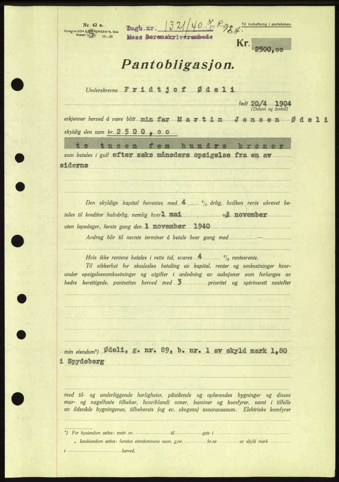 Moss sorenskriveri, SAO/A-10168: Pantebok nr. B10, 1940-1941, Dagboknr: 1321/1940