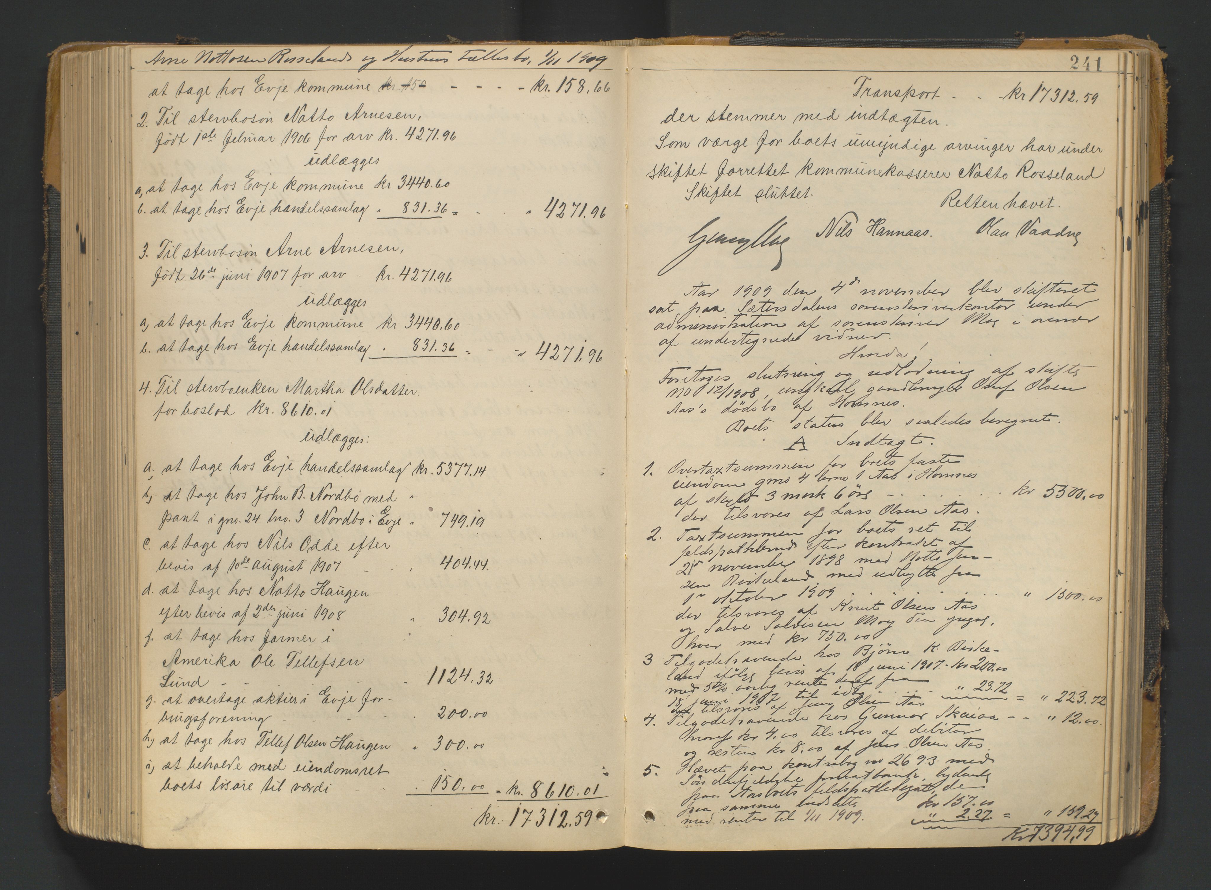Setesdal sorenskriveri, AV/SAK-1221-0011/H/Hc/L0049: Skifteutlodningsprotokoll nr 3, 1901-1914, s. 241
