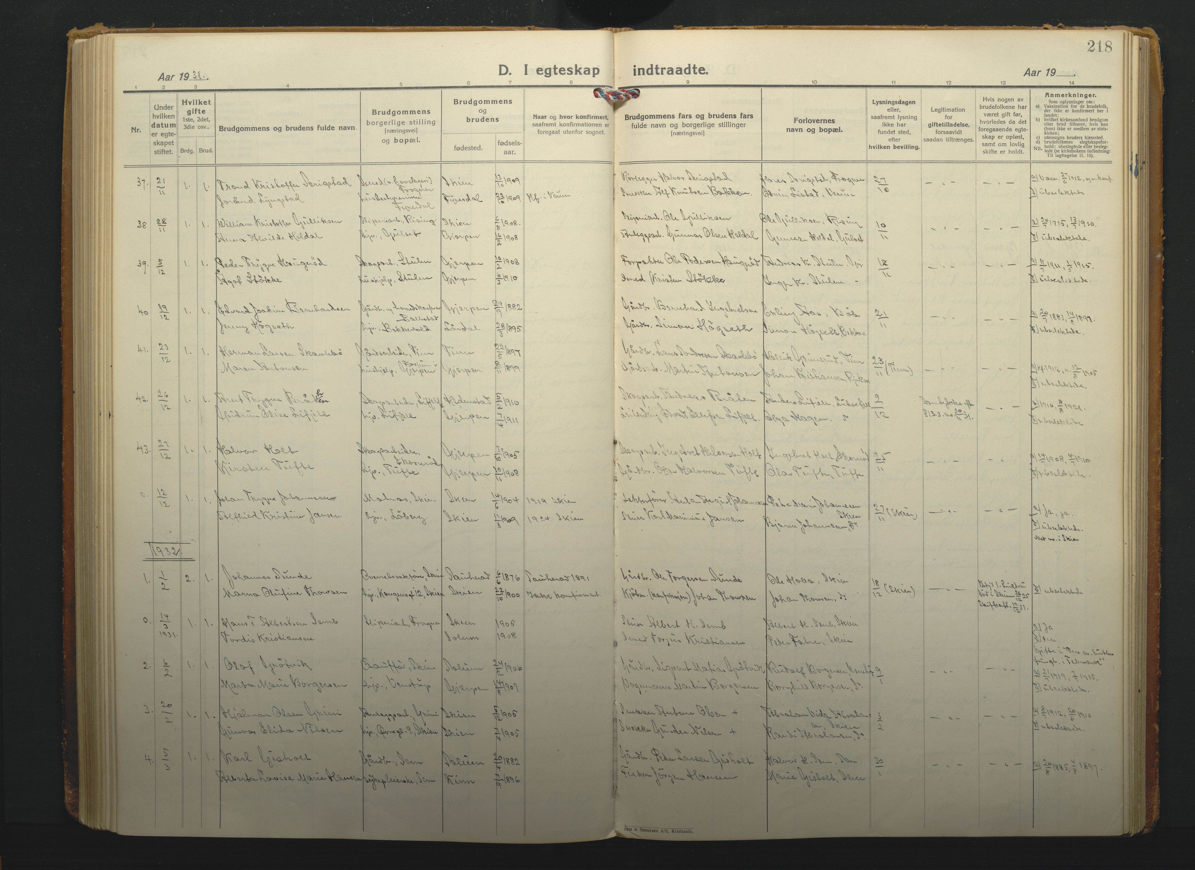 Gjerpen kirkebøker, SAKO/A-265/F/Fa/L0014: Ministerialbok nr. I 14, 1925-1938, s. 218