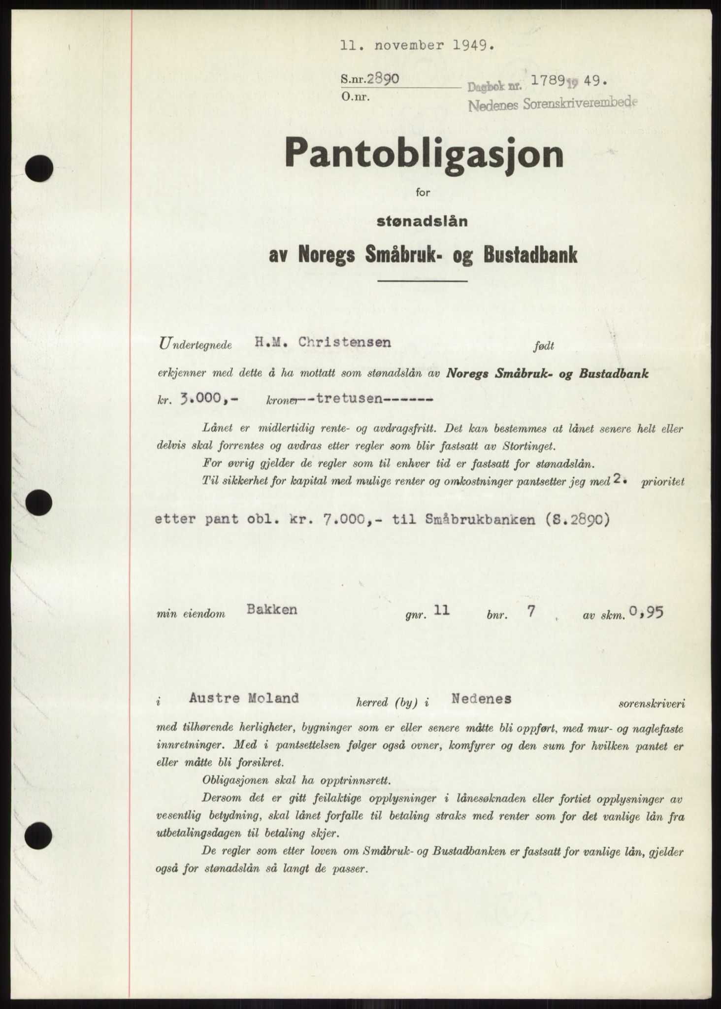 Nedenes sorenskriveri, SAK/1221-0006/G/Gb/Gbb/L0007: Pantebok nr. B7, 1949-1950, Dagboknr: 1789/1949