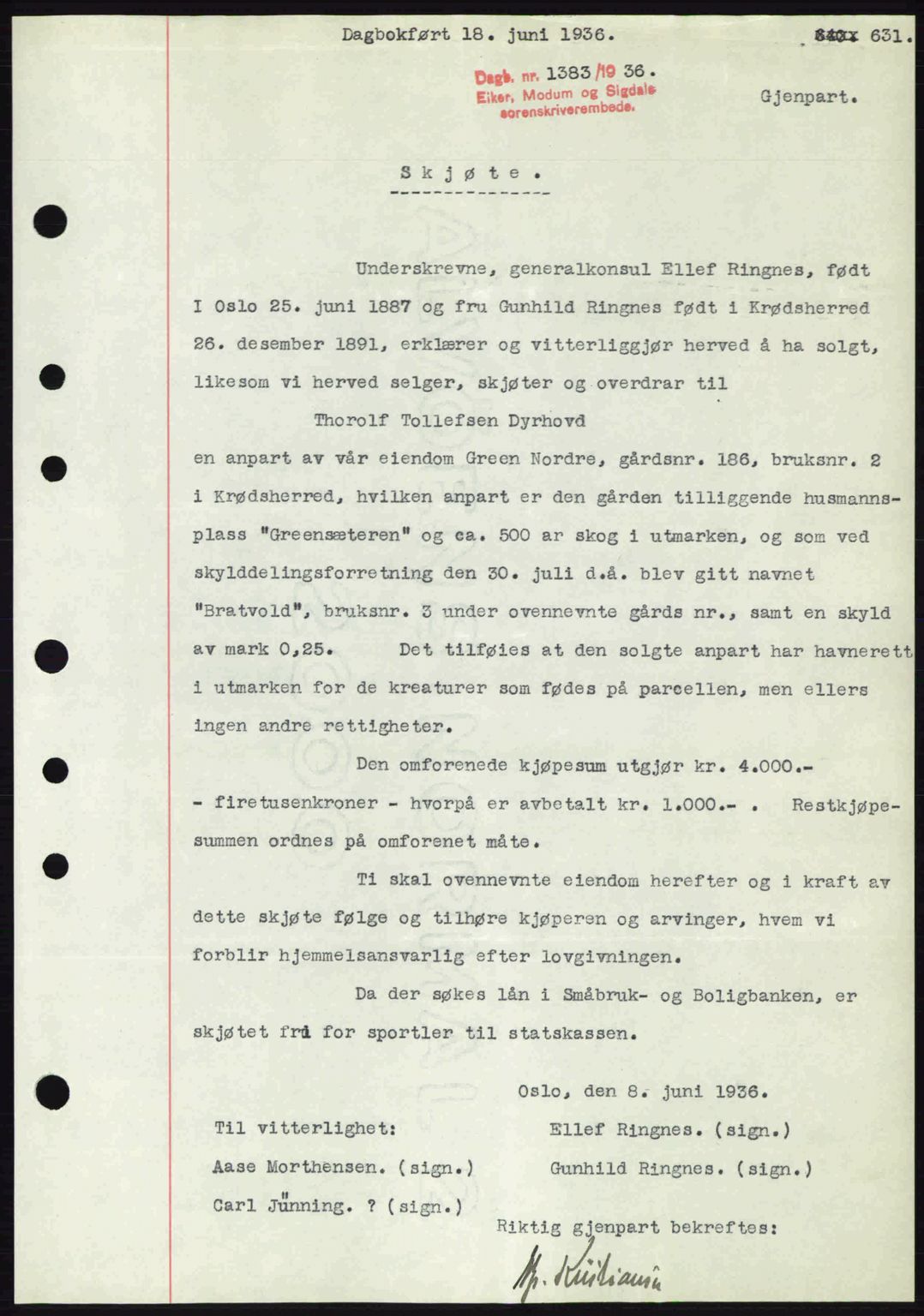 Eiker, Modum og Sigdal sorenskriveri, SAKO/A-123/G/Ga/Gab/L0032: Pantebok nr. A2, 1936-1936, Dagboknr: 1383/1936