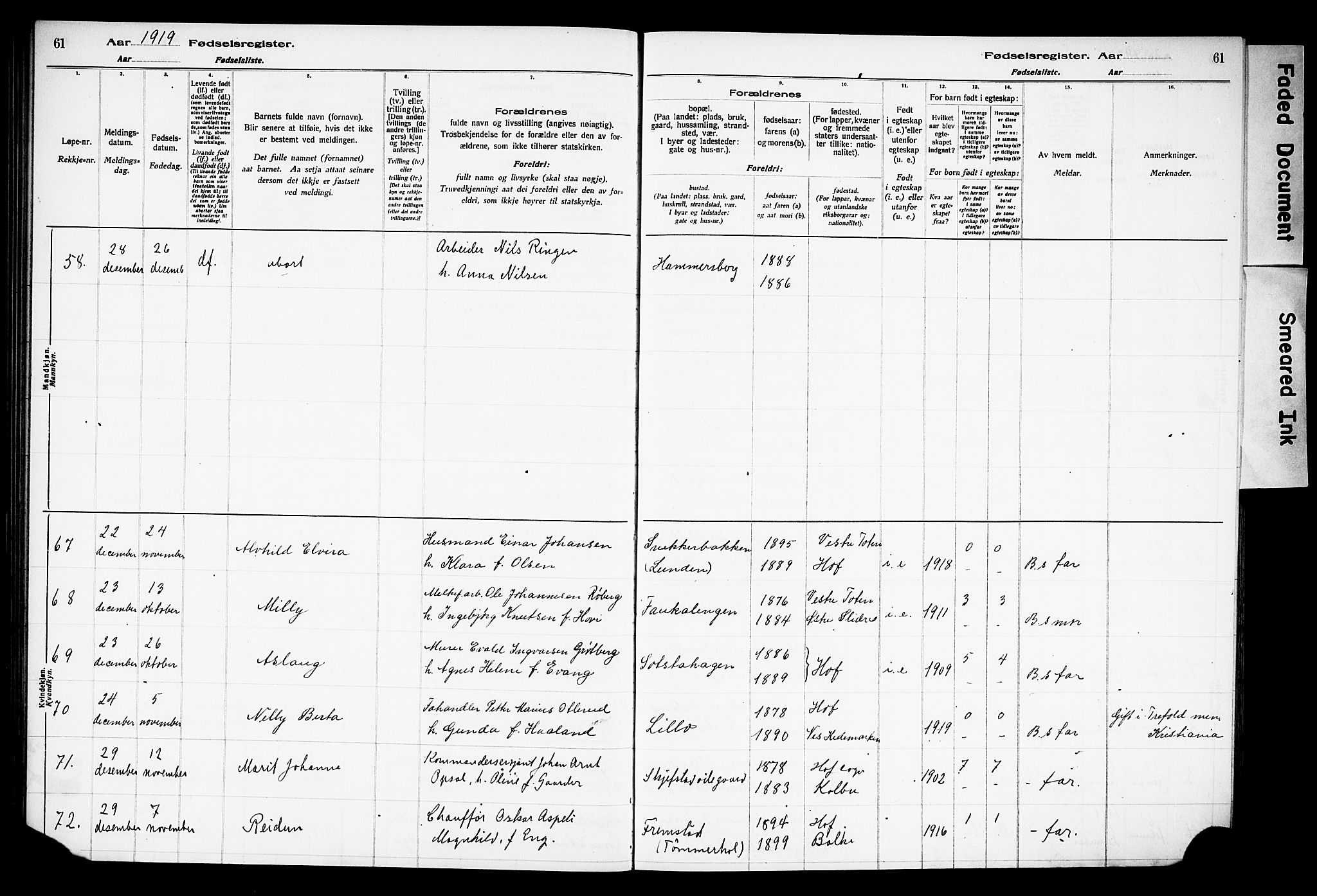 Østre Toten prestekontor, SAH/PREST-104/I/Id/L0001/0001: Fødselsregister nr. 1.1, 1916-1928, s. 61