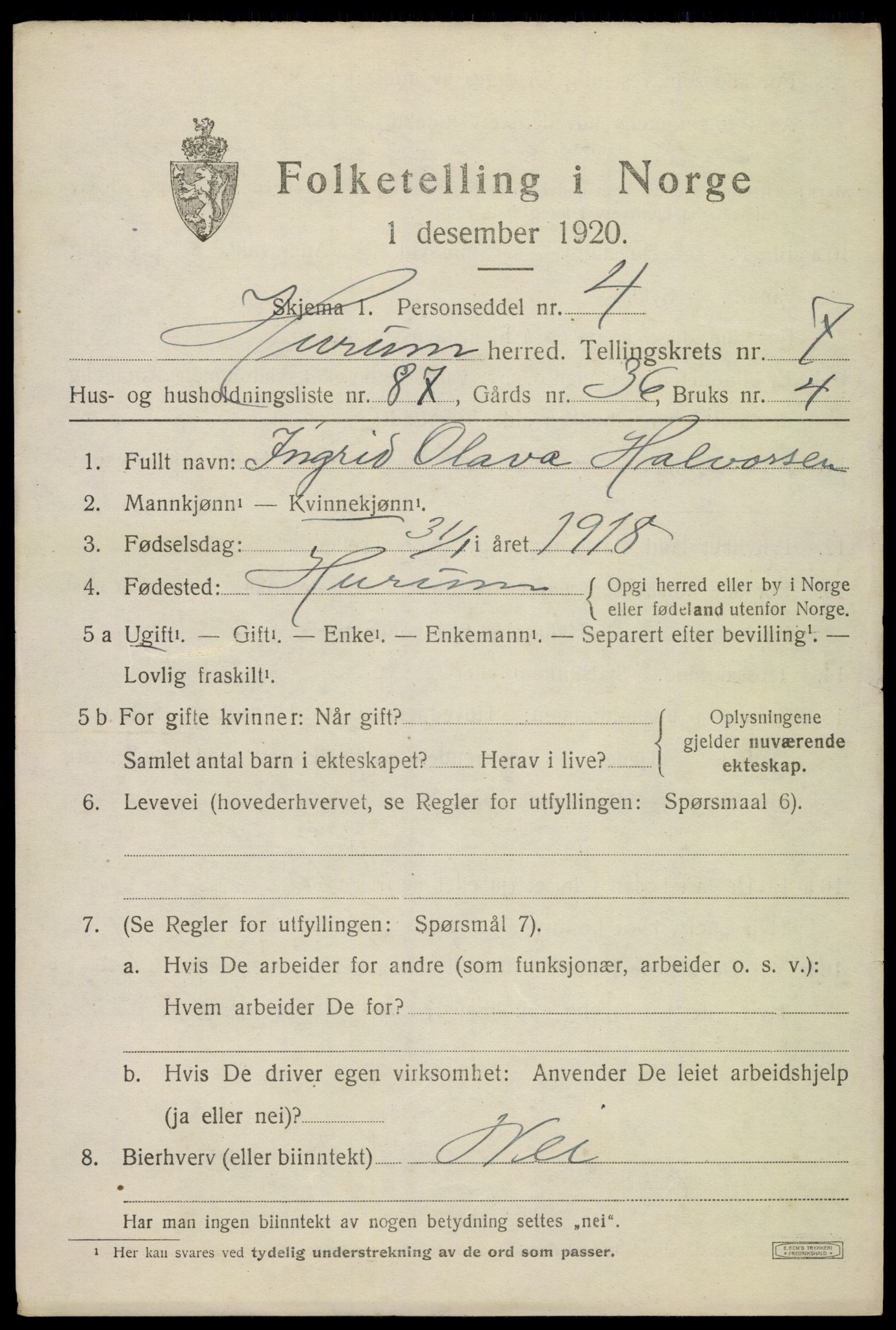 SAKO, Folketelling 1920 for 0628 Hurum herred, 1920, s. 10096