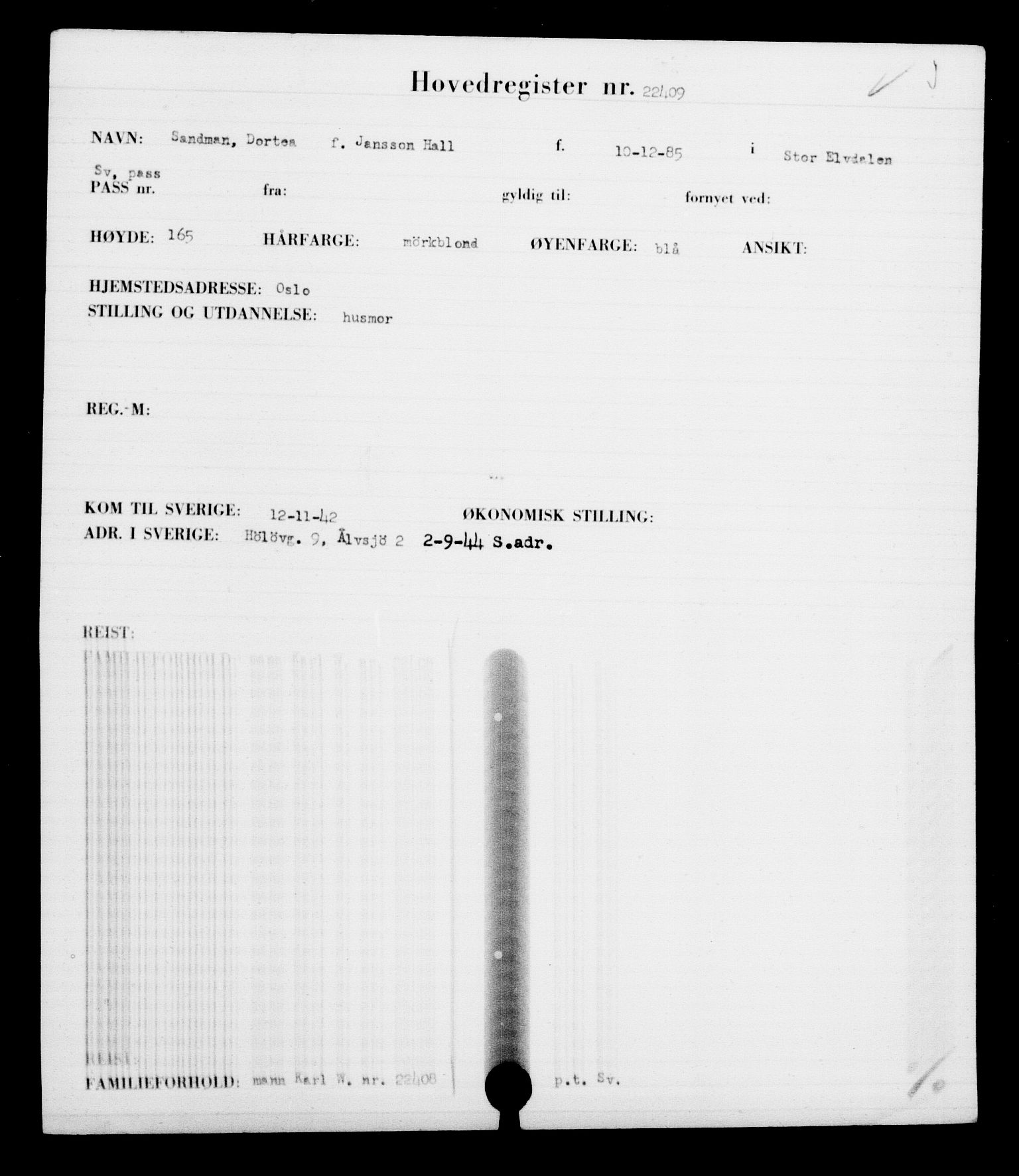 Utenriksstasjonene, Legasjonen i Stockholm, Flyktningkontoret, AV/RA-S-6753/V/Va/L0010: Kjesäterkartoteket, flyktninger med registreringsnr. 22000-25314, 1940-1945, s. 456