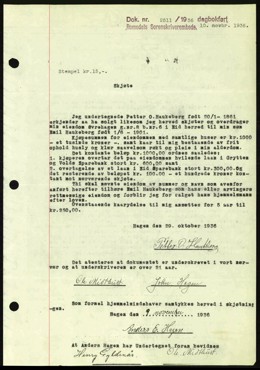 Romsdal sorenskriveri, SAT/A-4149/1/2/2C: Pantebok nr. A2, 1936-1937, Dagboknr: 2511/1936