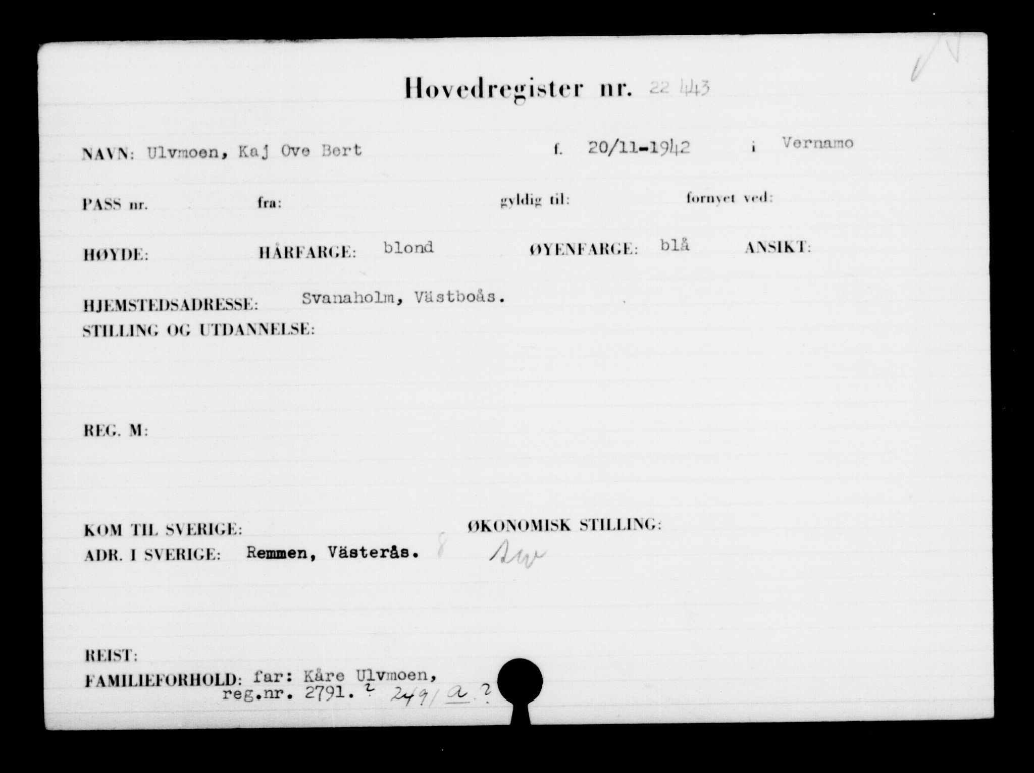 Utenriksstasjonene, Legasjonen i Stockholm, Flyktningkontoret, AV/RA-S-6753/V/Va/L0010: Kjesäterkartoteket, flyktninger med registreringsnr. 22000-25314, 1940-1945, s. 494