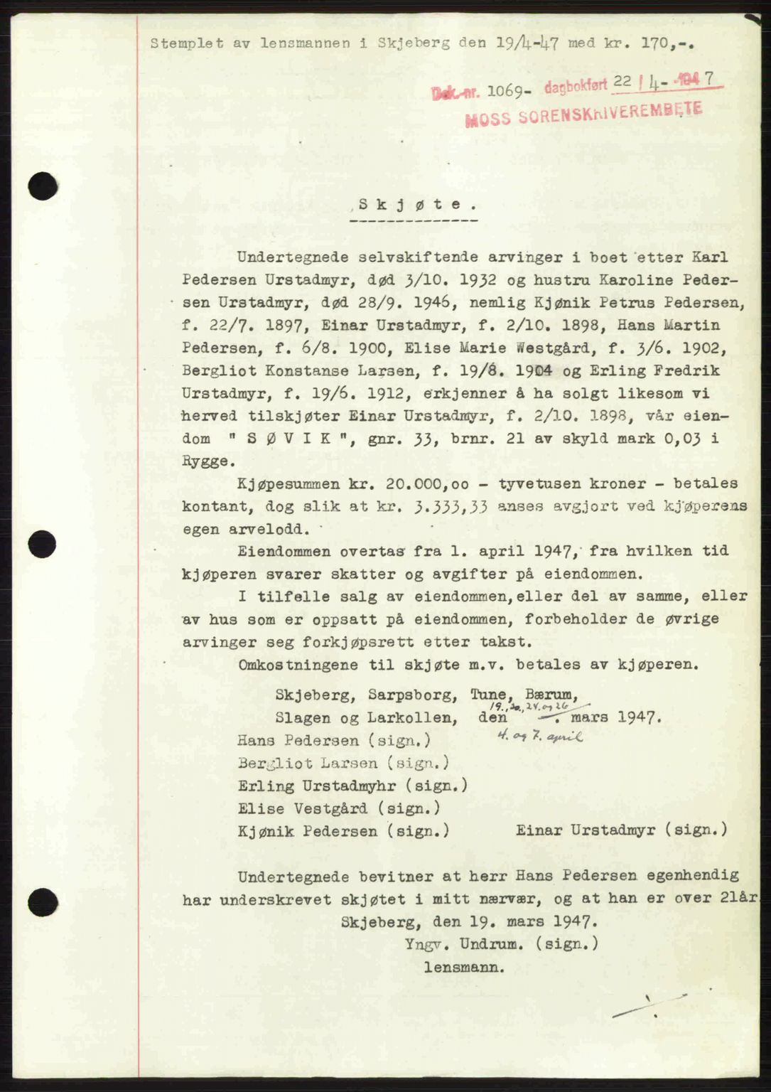 Moss sorenskriveri, SAO/A-10168: Pantebok nr. A17, 1947-1947, Dagboknr: 1069/1947