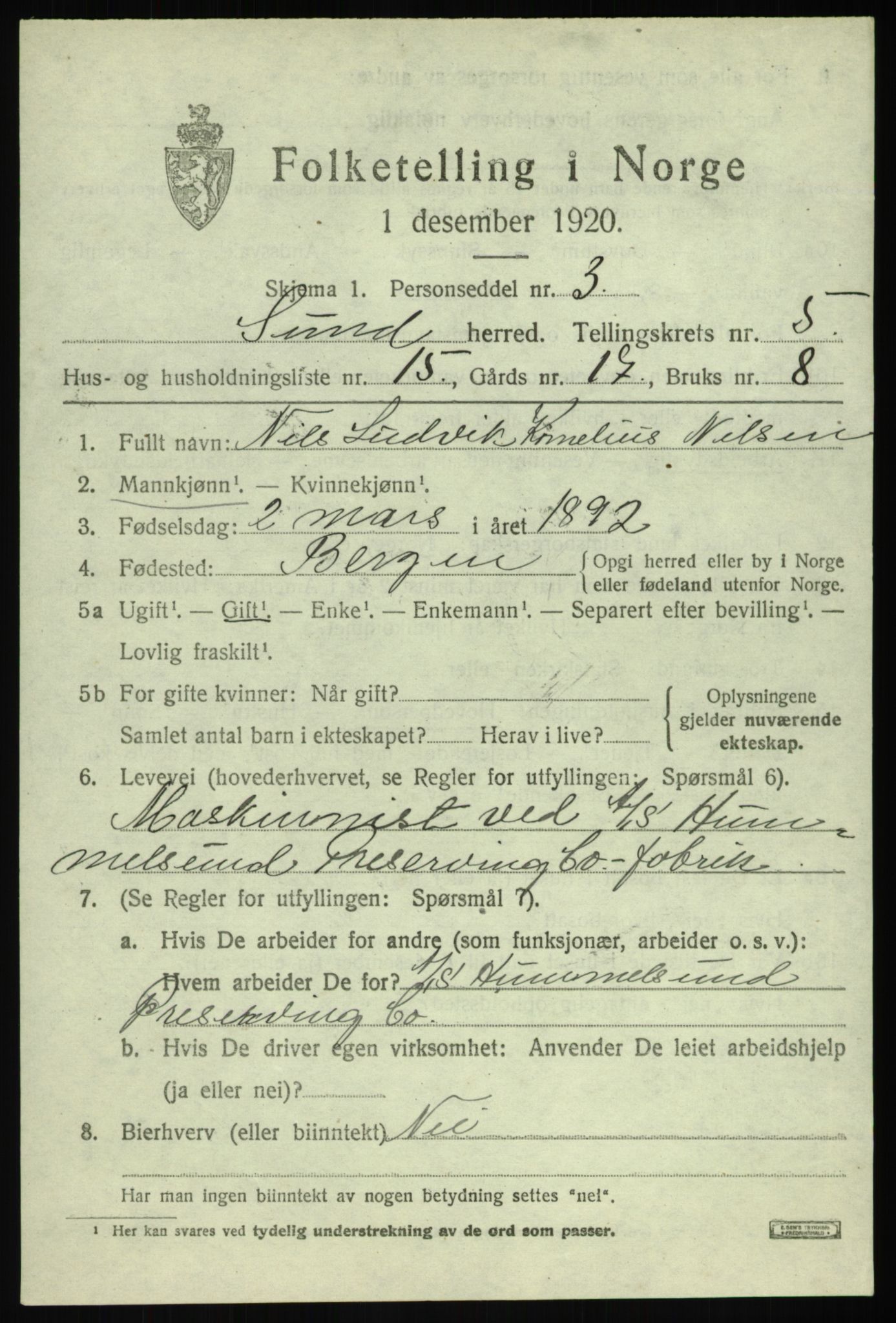 SAB, Folketelling 1920 for 1245 Sund herred, 1920, s. 3261