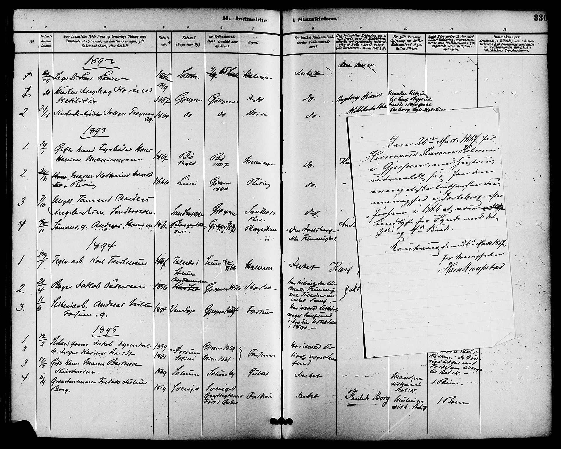 Gjerpen kirkebøker, AV/SAKO-A-265/F/Fa/L0010: Ministerialbok nr. I 10, 1886-1895, s. 330