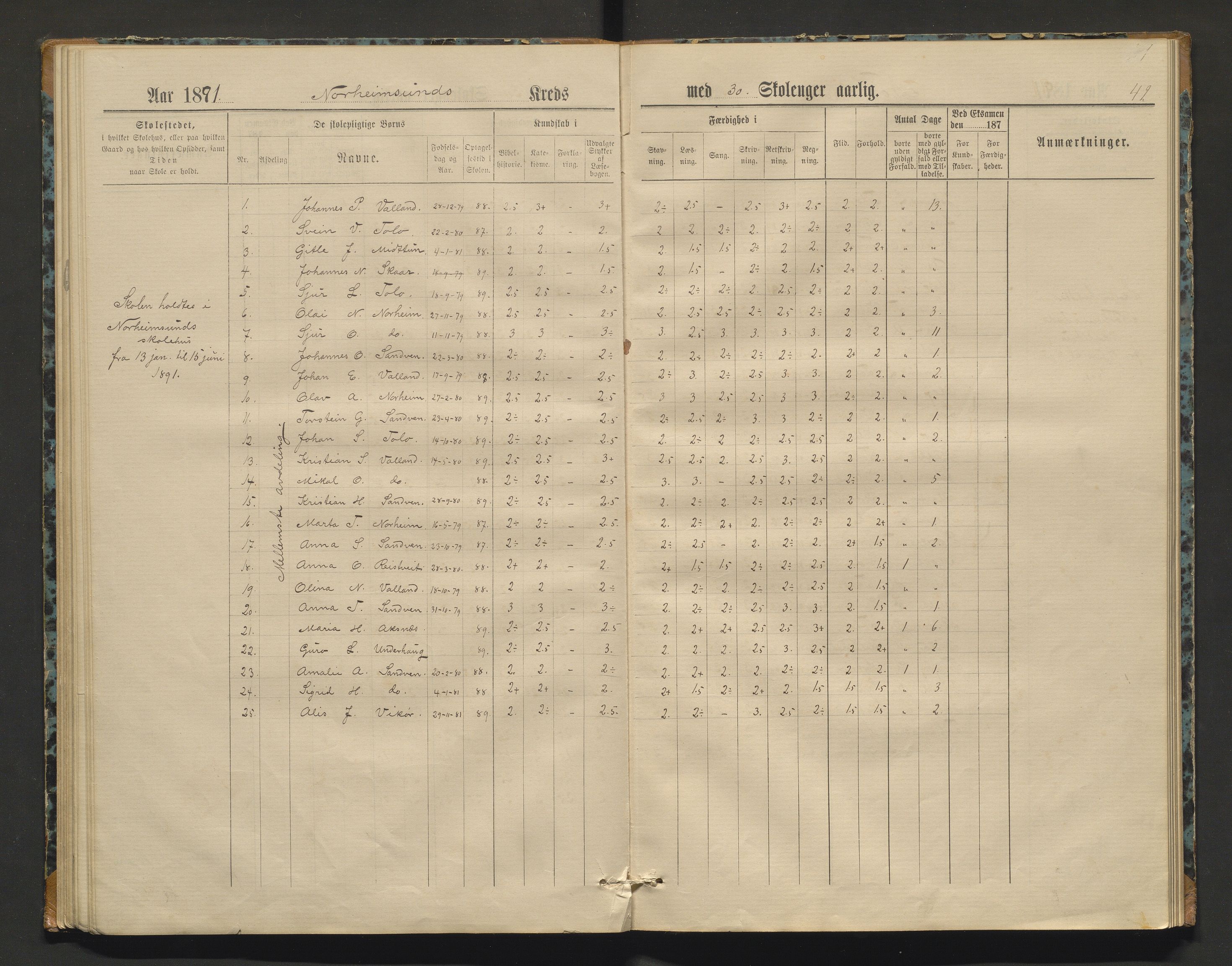 Kvam herad. Barneskulane, IKAH/1238-231/F/Fa/L0002: Skuleprotokoll for Norheimsund krins, 1878-1891, s. 41