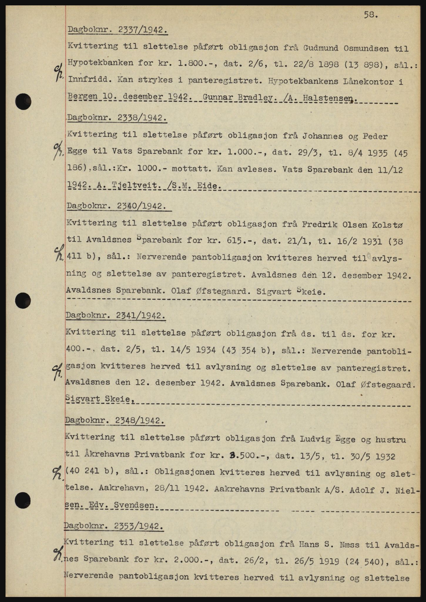Karmsund sorenskriveri, SAST/A-100311/01/II/IIBBE/L0008: Pantebok nr. B 54, 1942-1943, Dagboknr: 2337/1942