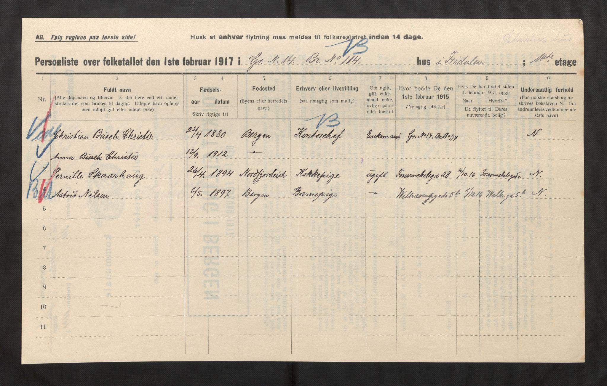 SAB, Kommunal folketelling 1917 for Bergen kjøpstad, 1917, s. 53000