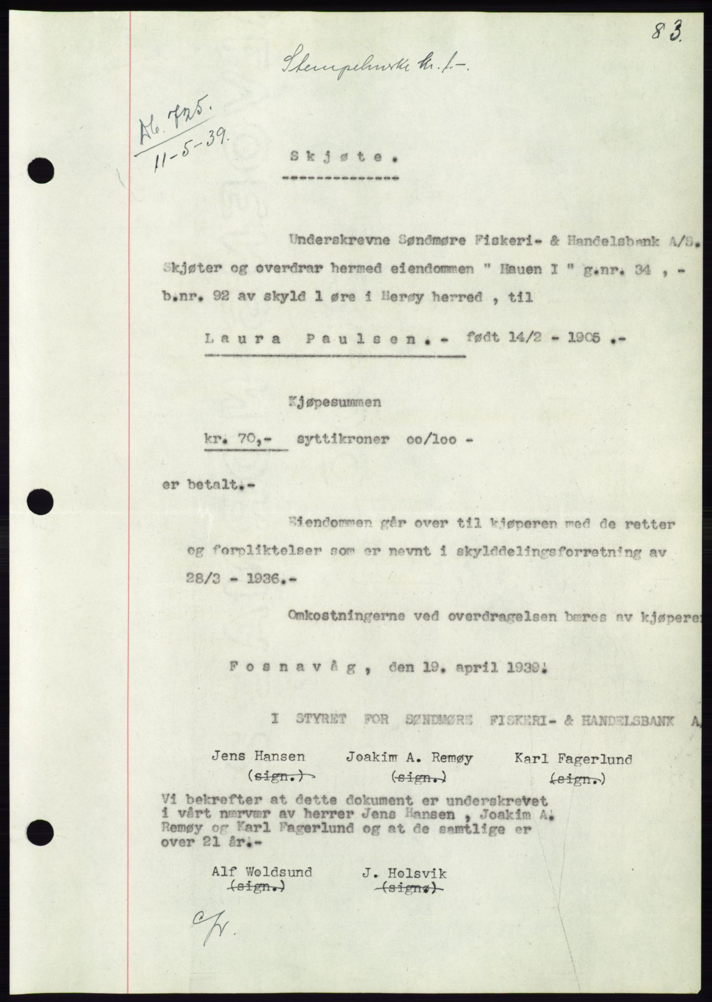 Søre Sunnmøre sorenskriveri, AV/SAT-A-4122/1/2/2C/L0068: Pantebok nr. 62, 1939-1939, Dagboknr: 725/1939