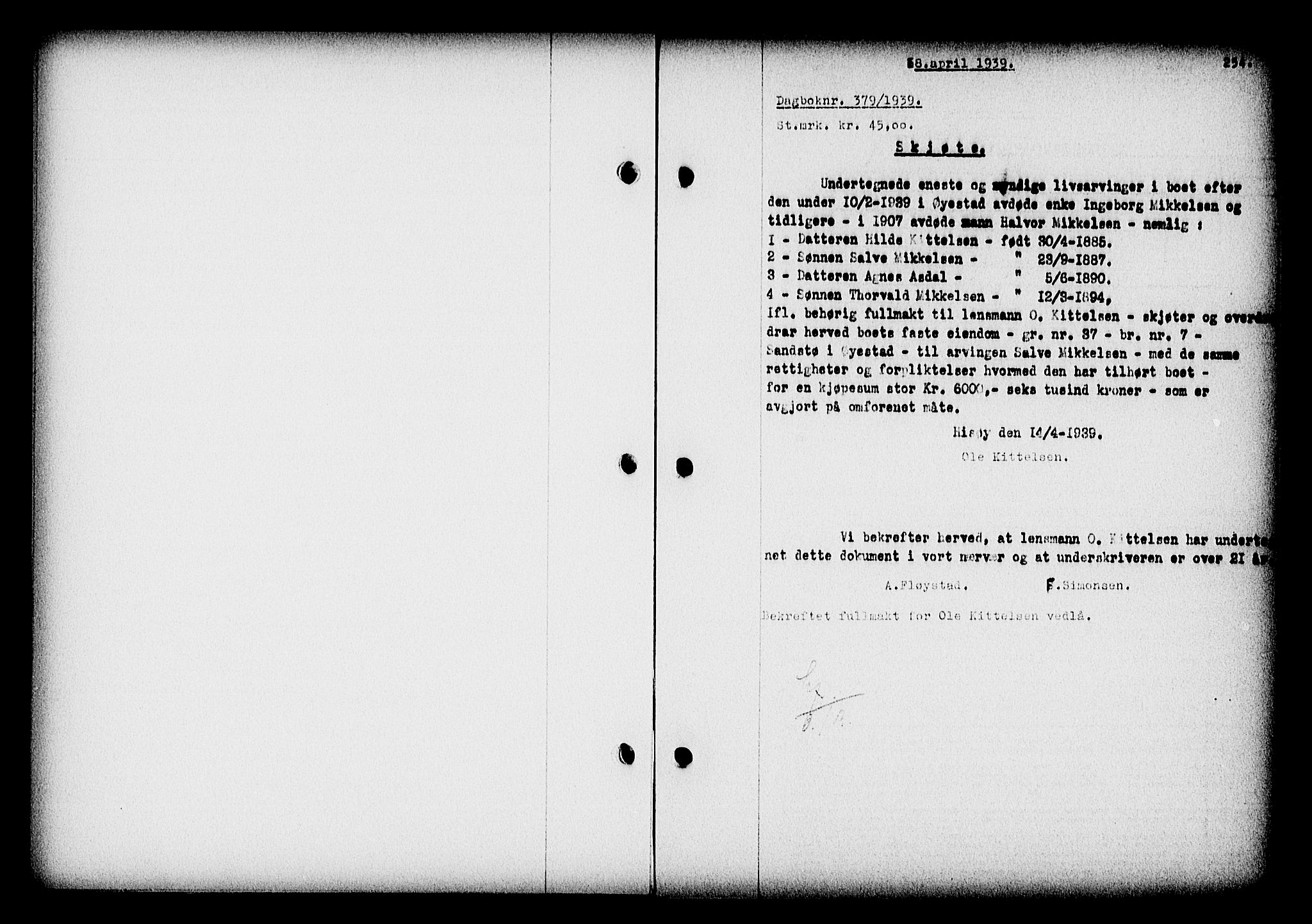 Nedenes sorenskriveri, SAK/1221-0006/G/Gb/Gba/L0046: Pantebok nr. 42, 1938-1939, Dagboknr: 379/1939