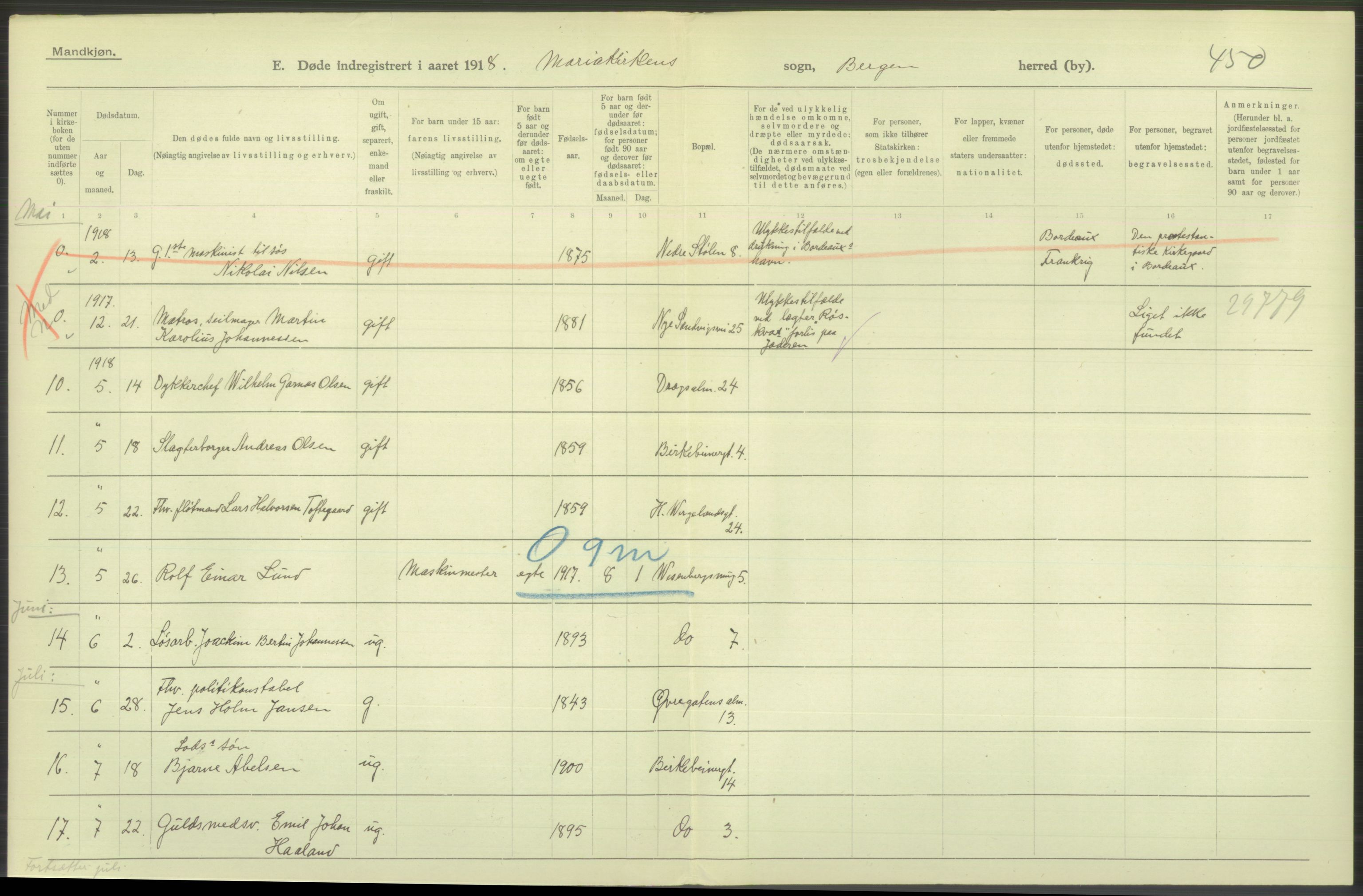 Statistisk sentralbyrå, Sosiodemografiske emner, Befolkning, AV/RA-S-2228/D/Df/Dfb/Dfbh/L0039: Bergen: Døde., 1918, s. 100