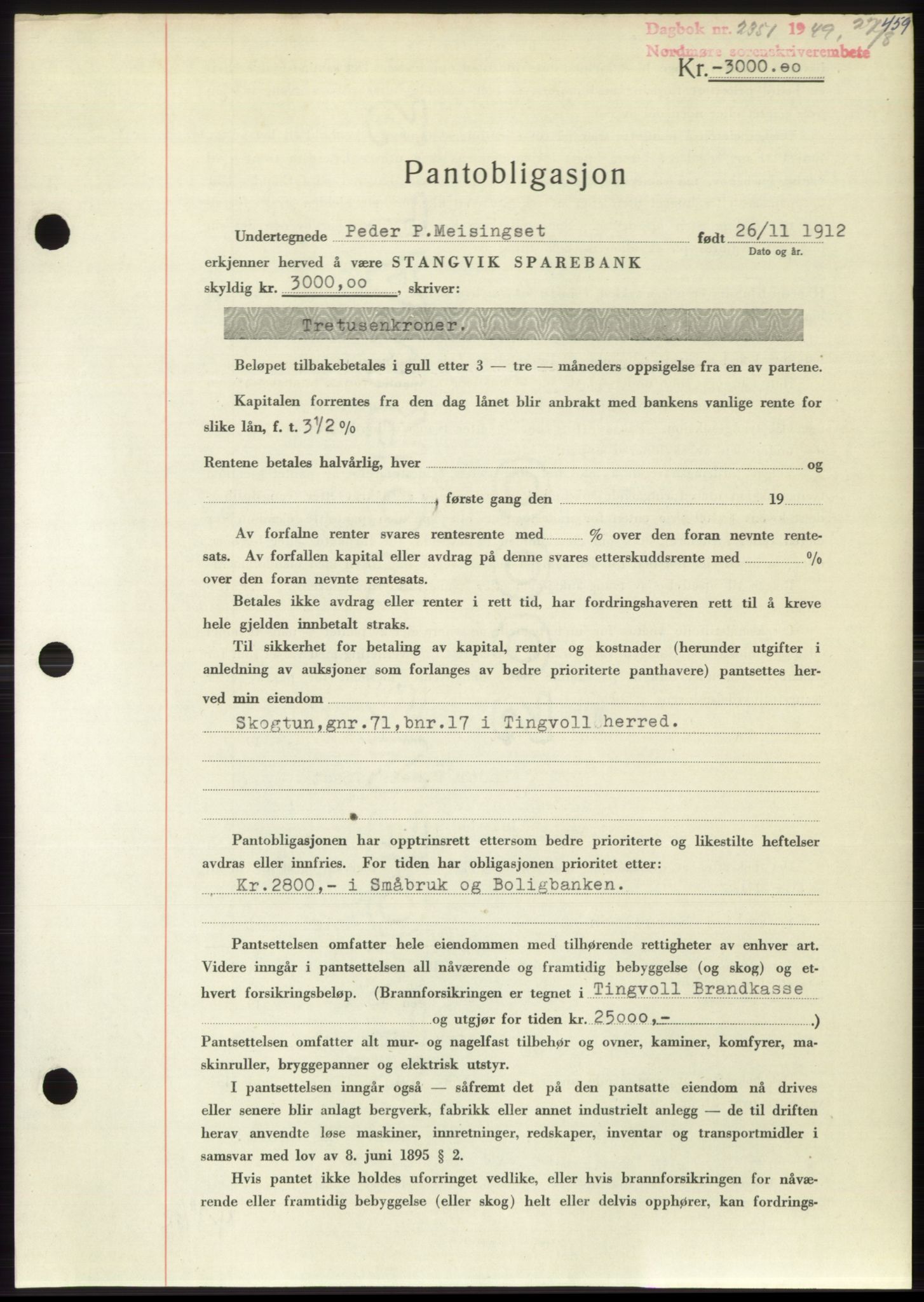 Nordmøre sorenskriveri, SAT/A-4132/1/2/2Ca: Pantebok nr. B102, 1949-1949, Dagboknr: 2351/1949
