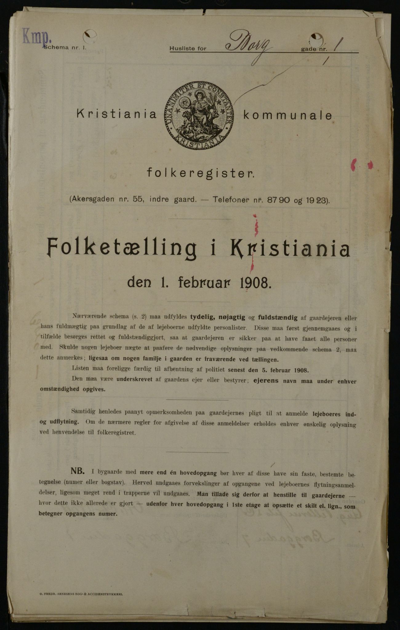 OBA, Kommunal folketelling 1.2.1908 for Kristiania kjøpstad, 1908, s. 7487