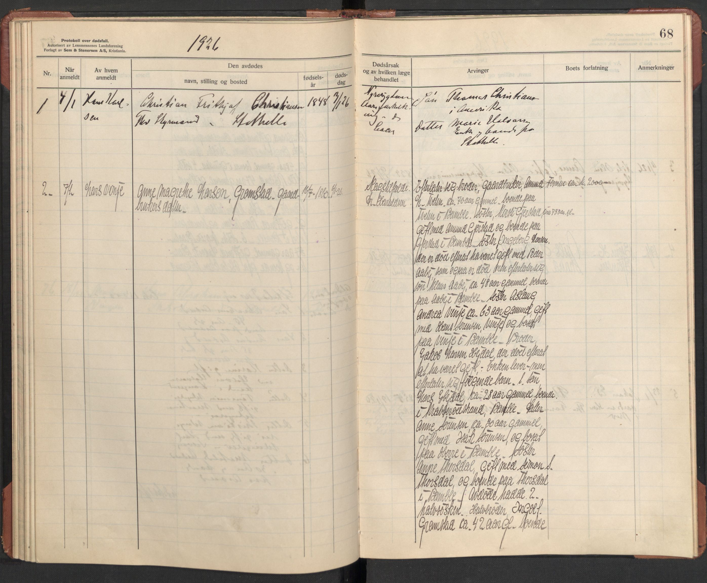 Bamble lensmannskontor, AV/SAKO-A-552/H/Ha/Haa/L0004: Dødsfallsprotokoll, 1923-1926, s. 68