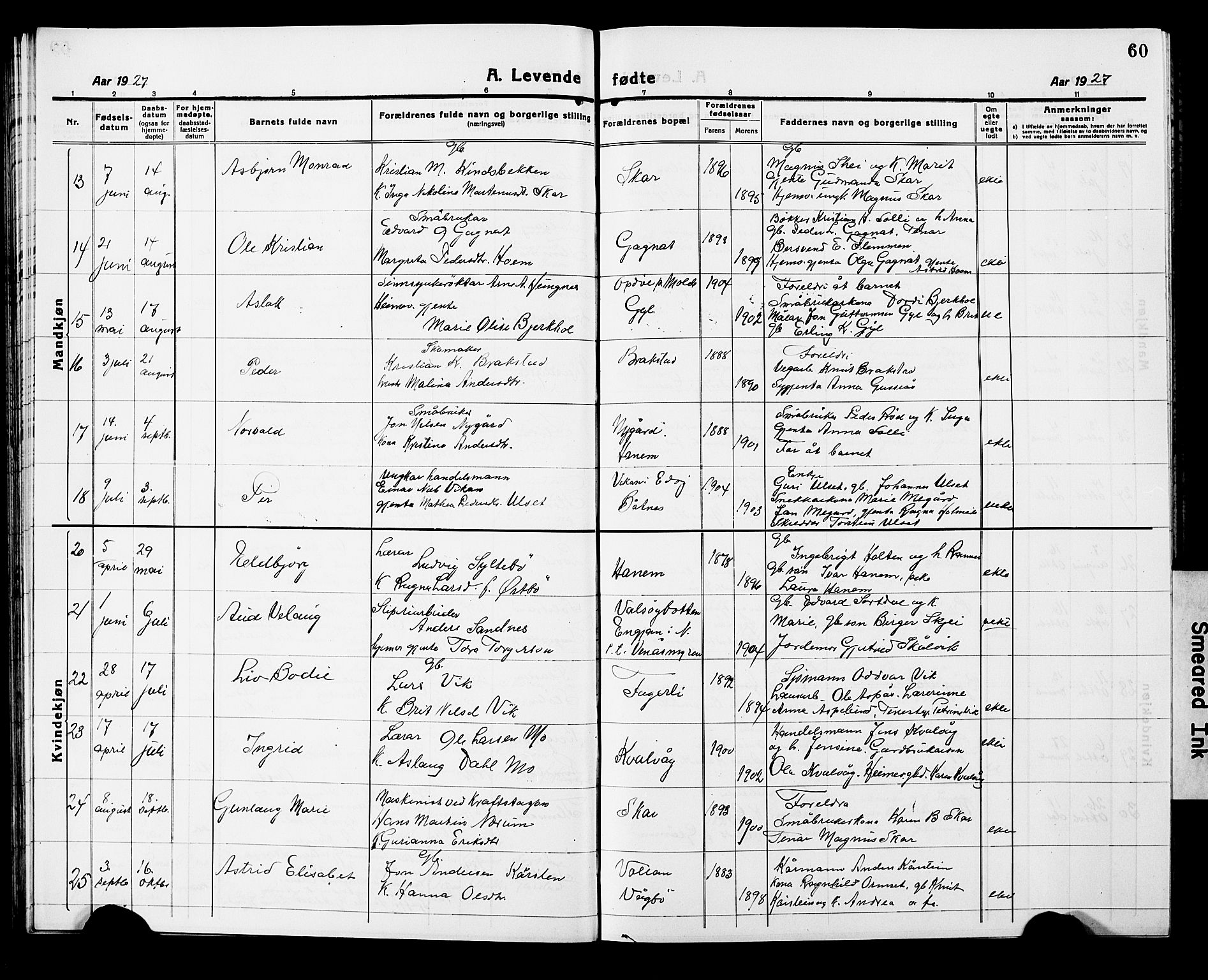 Ministerialprotokoller, klokkerbøker og fødselsregistre - Møre og Romsdal, AV/SAT-A-1454/586/L0994: Klokkerbok nr. 586C05, 1919-1927, s. 60