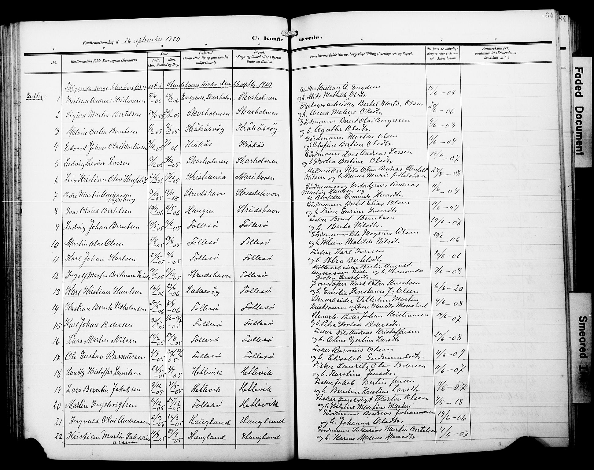 Askøy Sokneprestembete, AV/SAB-A-74101/H/Ha/Hab/Haba/L0014: Klokkerbok nr. A 14, 1904-1927, s. 64