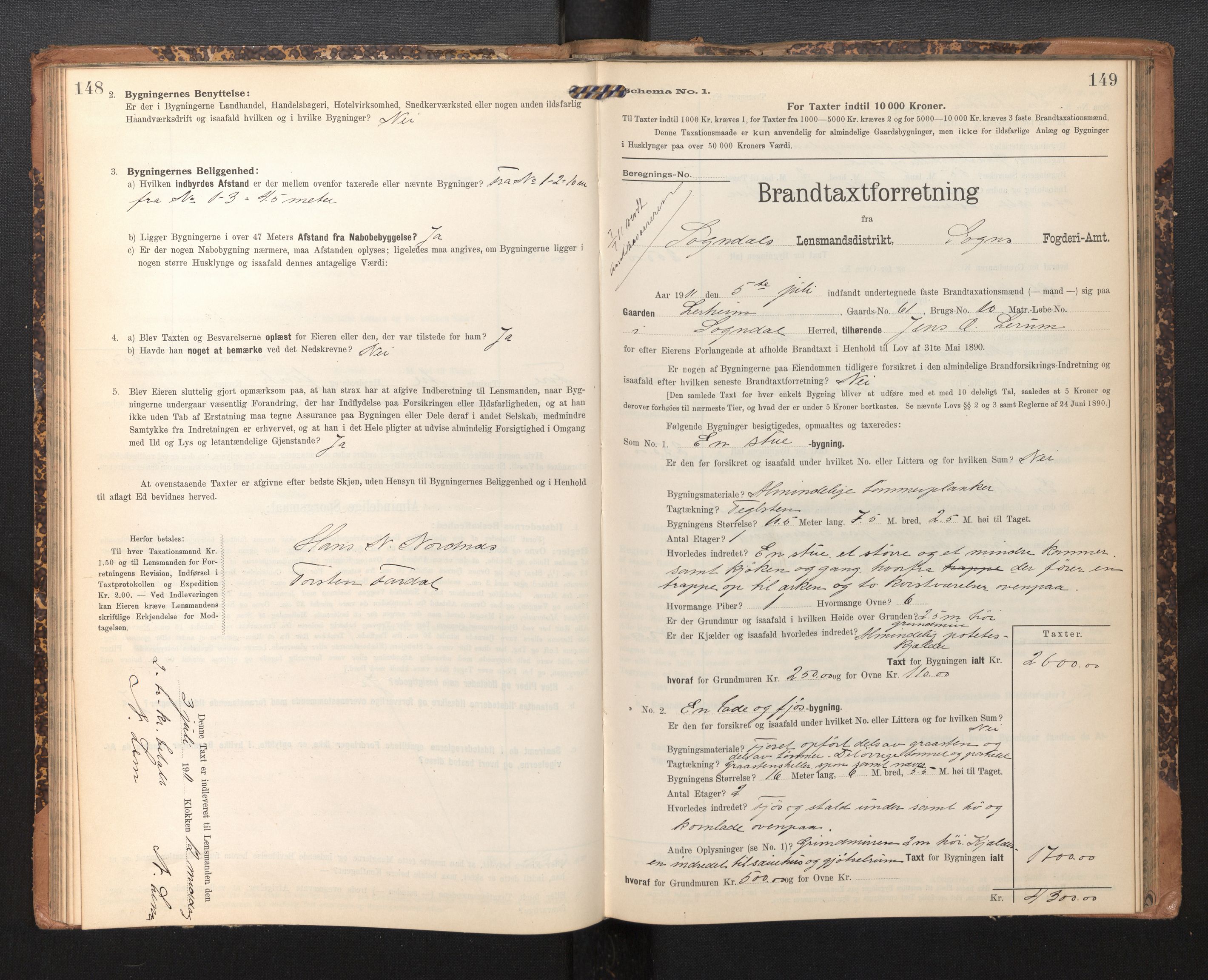 Lensmannen i Sogndal, AV/SAB-A-29901/0012/L0010: Branntakstprotokoll, skjematakst, 1907-1914, s. 148-149