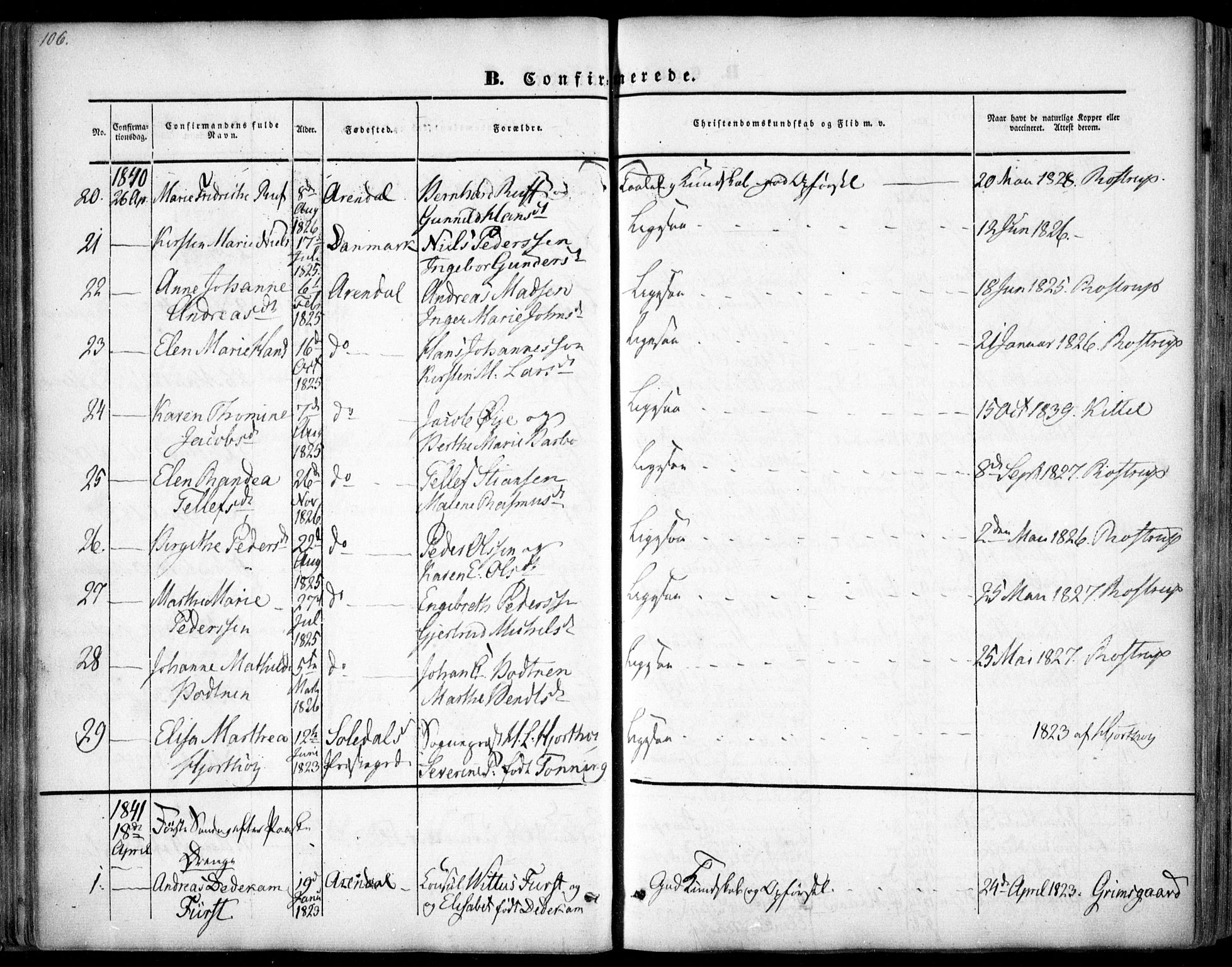 Arendal sokneprestkontor, Trefoldighet, AV/SAK-1111-0040/F/Fa/L0005: Ministerialbok nr. A 5, 1838-1854, s. 106