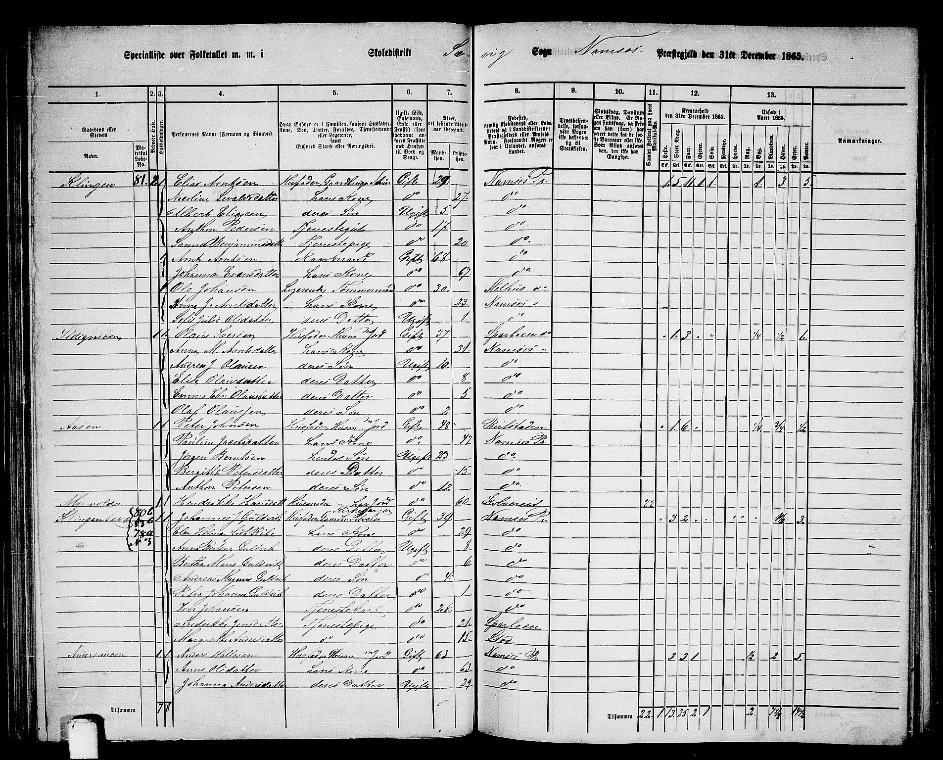 RA, Folketelling 1865 for 1745L Namsos prestegjeld, Vemundvik sokn og Sævik sokn, 1865, s. 61